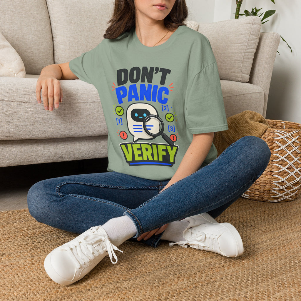 Don't Panic Verify T‑Shirt — Cute Robot Security Humor Tee for Techies