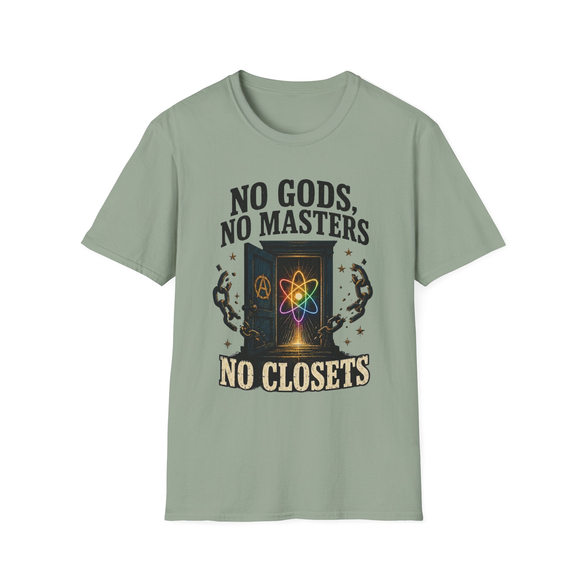 "No Gods, No Masters, No Closets" Atheist & LGBTQ+ Pride Graphic Tee