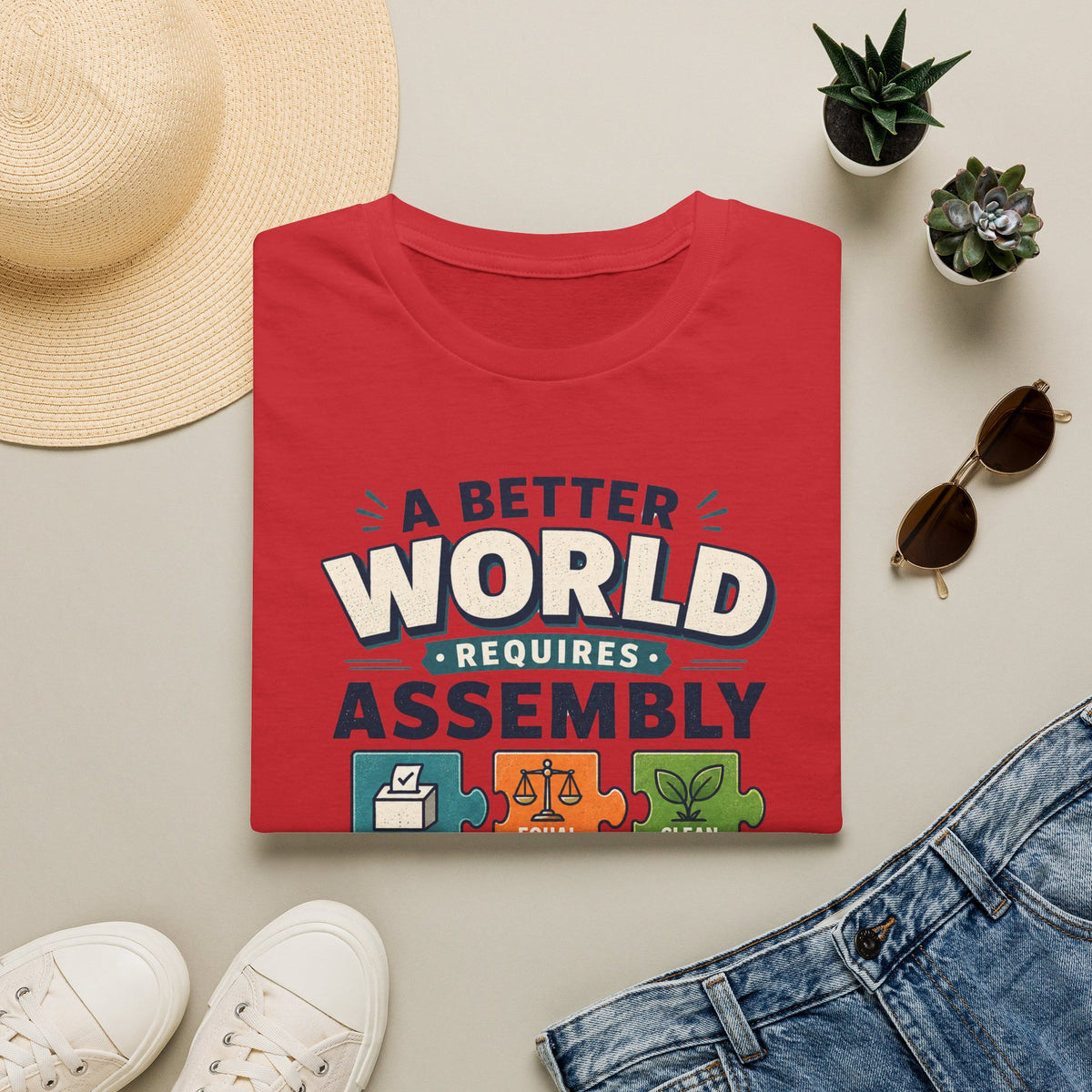 A Better World Requires Assembly T-Shirt — Sustainability, Voting & Community Graphic Tee