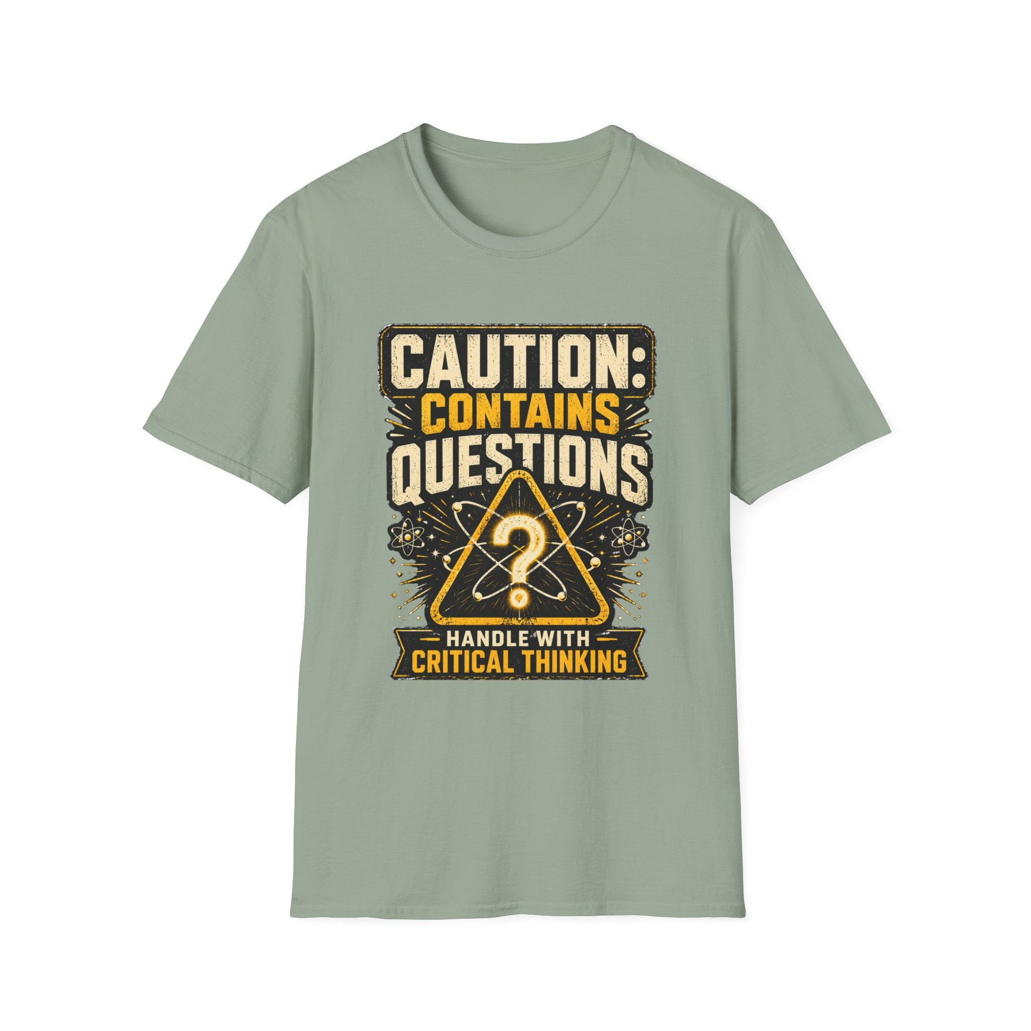 Caution: Contains Questions T-Shirt — Handle With Critical Thinking Graphic Tee
