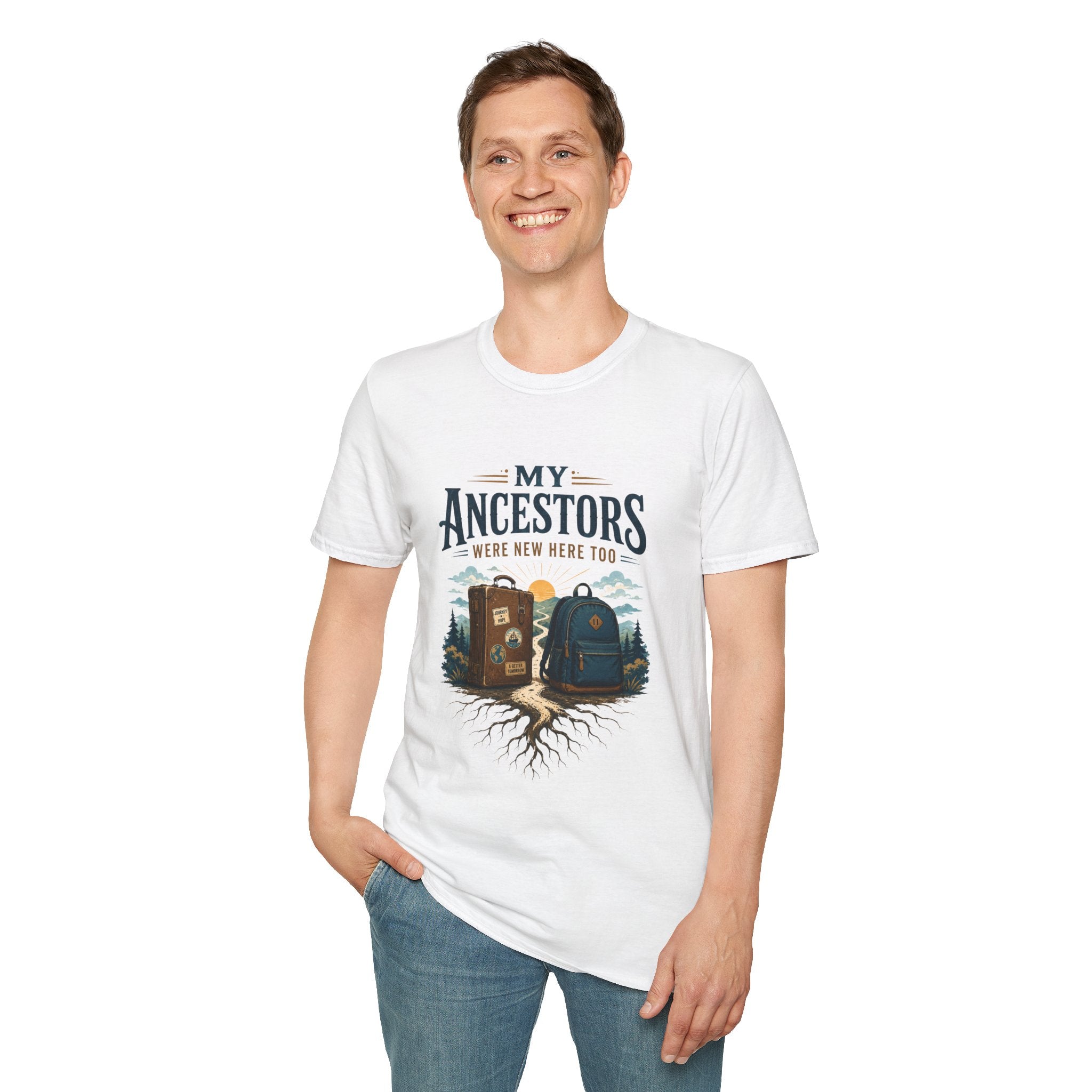 T-Shirt — "My Ancestors Were New Here Too" Vintage Travel Roots Tee