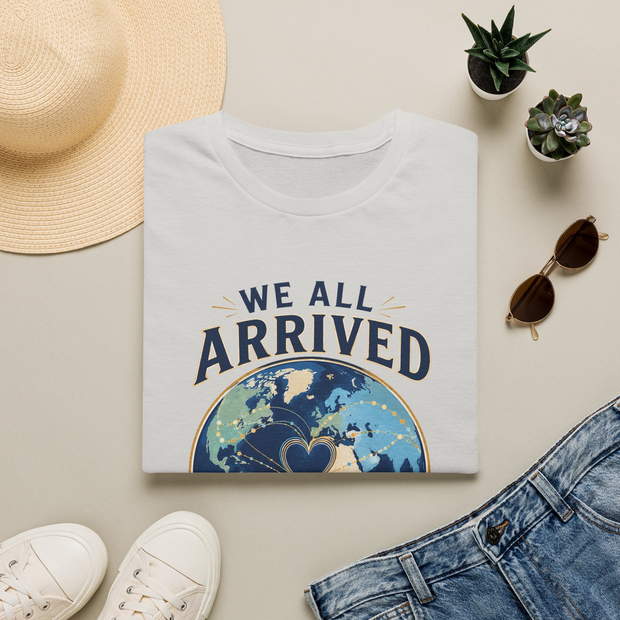 T-Shirt — "We All Arrived From Somewhere" Earth Graphic Tee (Travel & Unity)