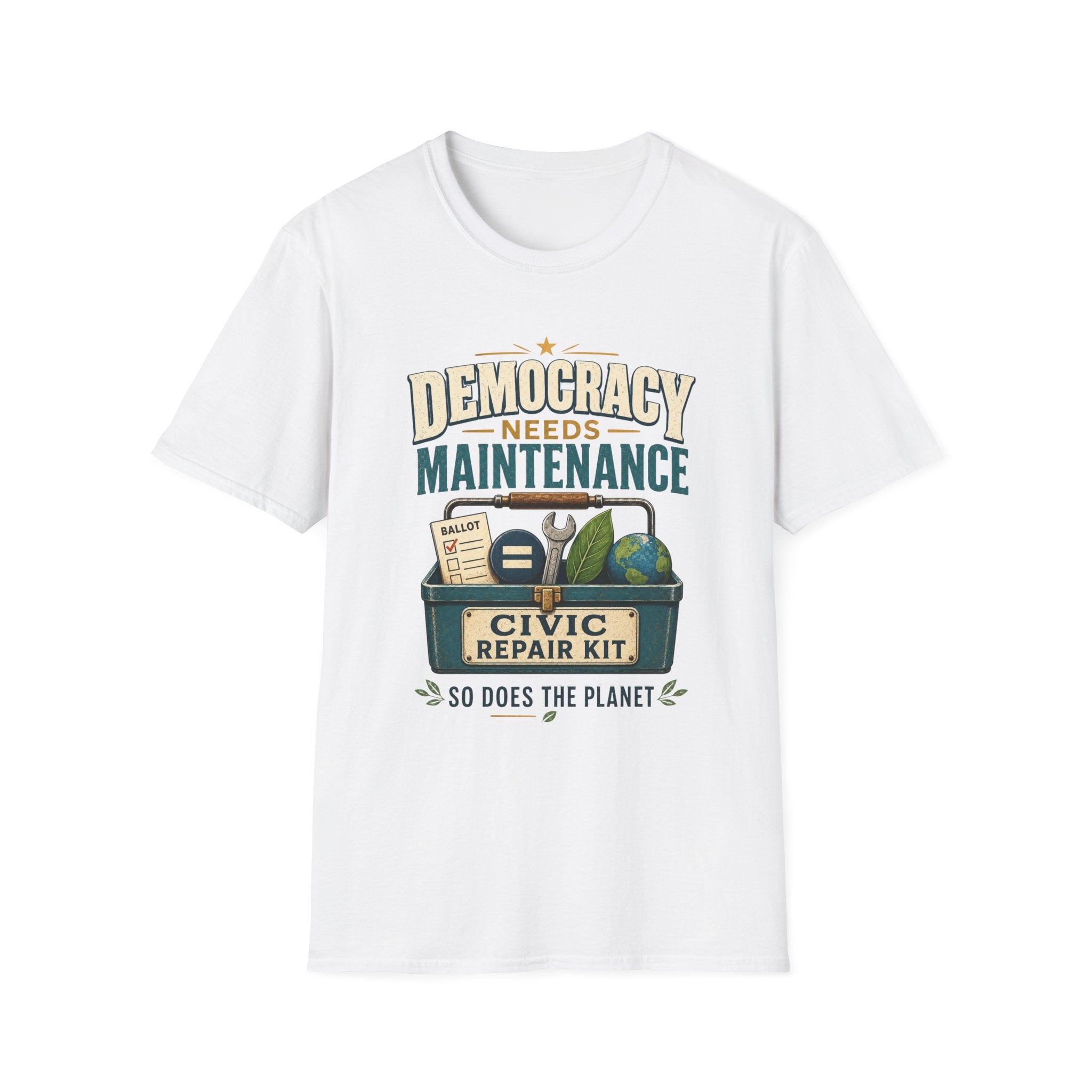 Democracy Needs Maintenance T-Shirt — Civic Repair Kit Graphic Tee