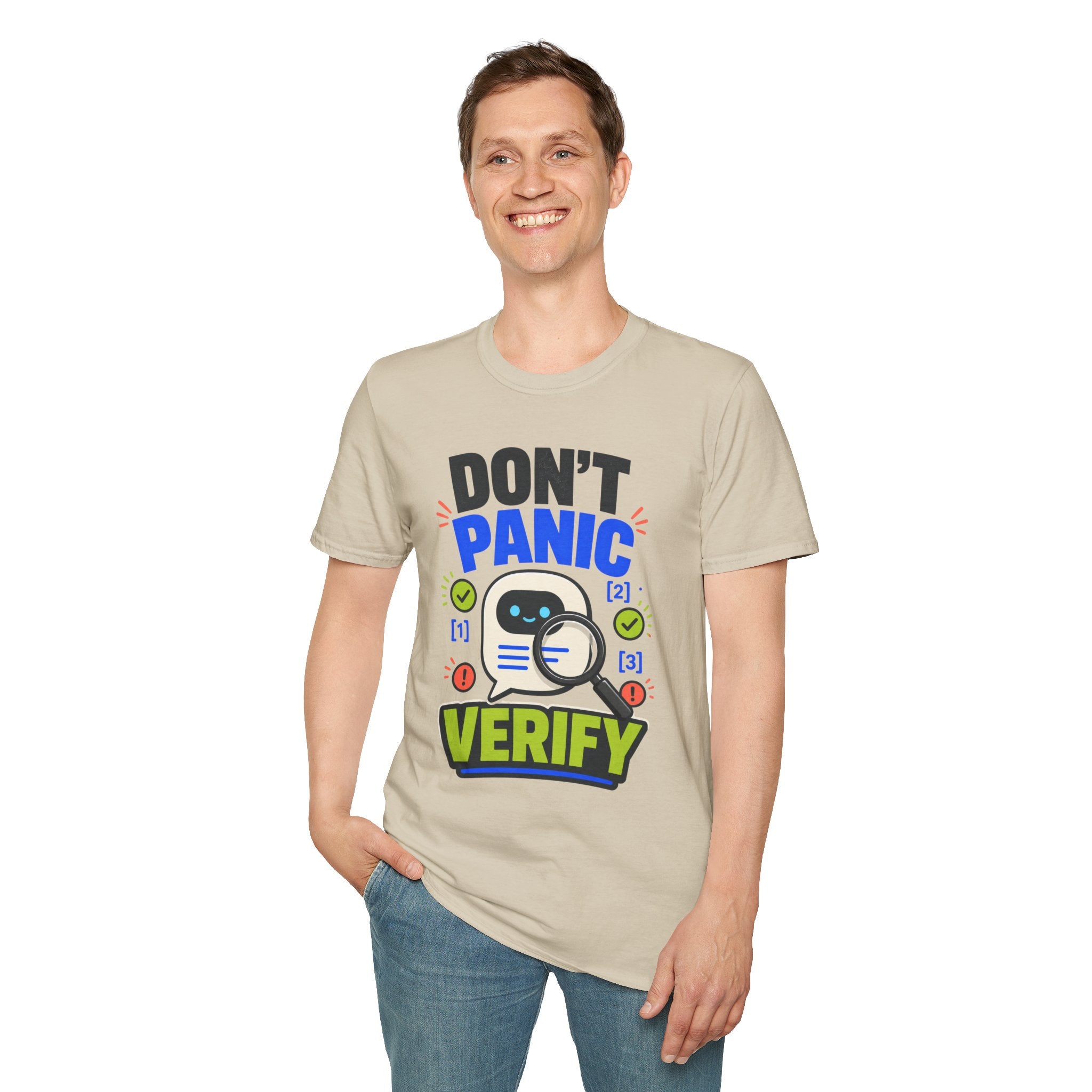 Don't Panic Verify T‑Shirt — Cute Robot Security Humor Tee for Techies