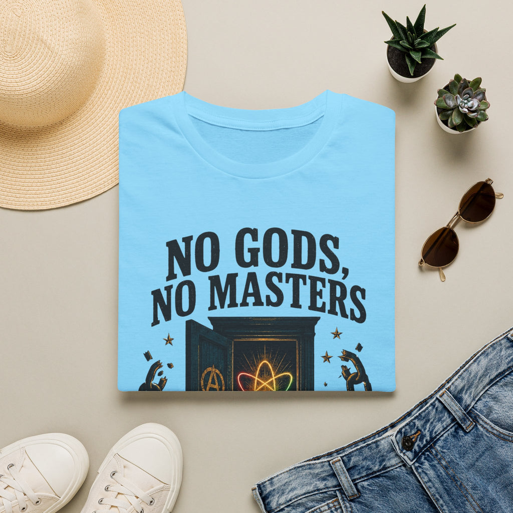 "No Gods, No Masters, No Closets" Atheist & LGBTQ+ Pride Graphic Tee