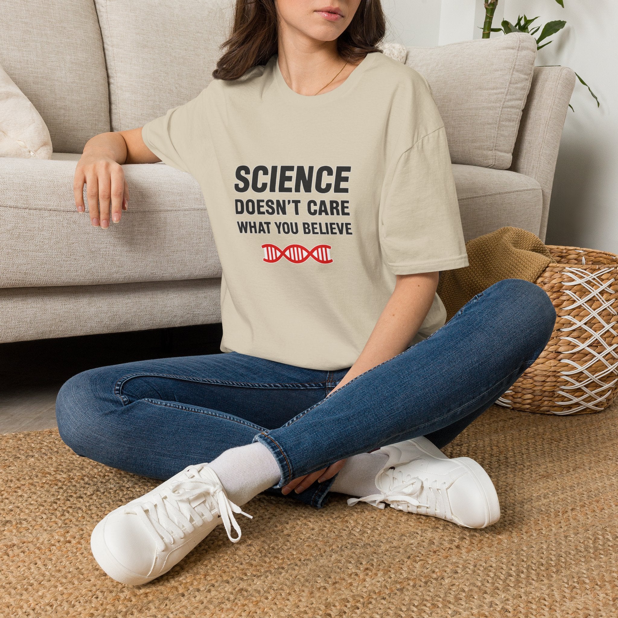 Science Doesn't Care What You Believe T-Shirt — Funny DNA Graphic Tee for Scientists & Skeptics