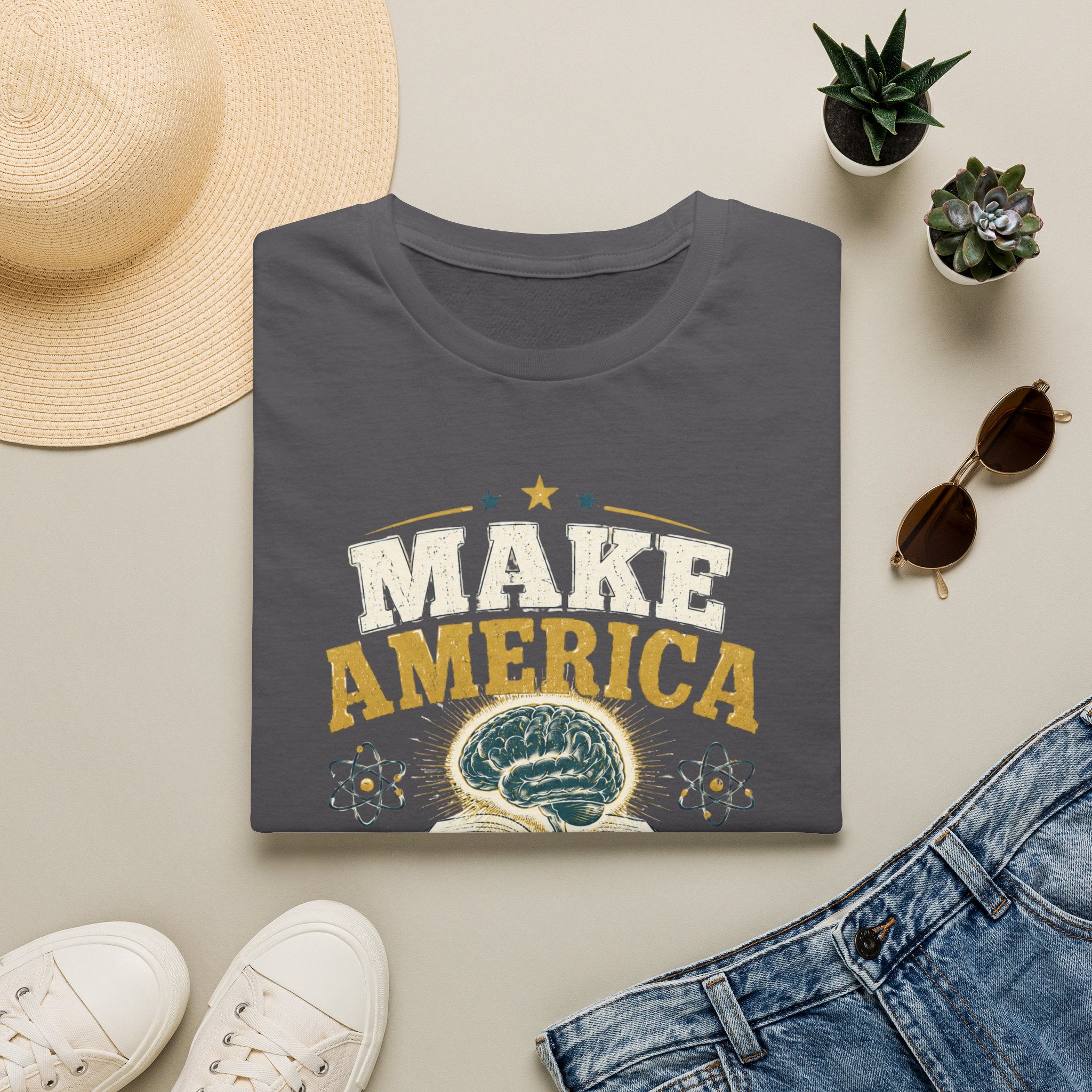 Make America Think Again T-Shirt — Retro Brain Graphic Tee