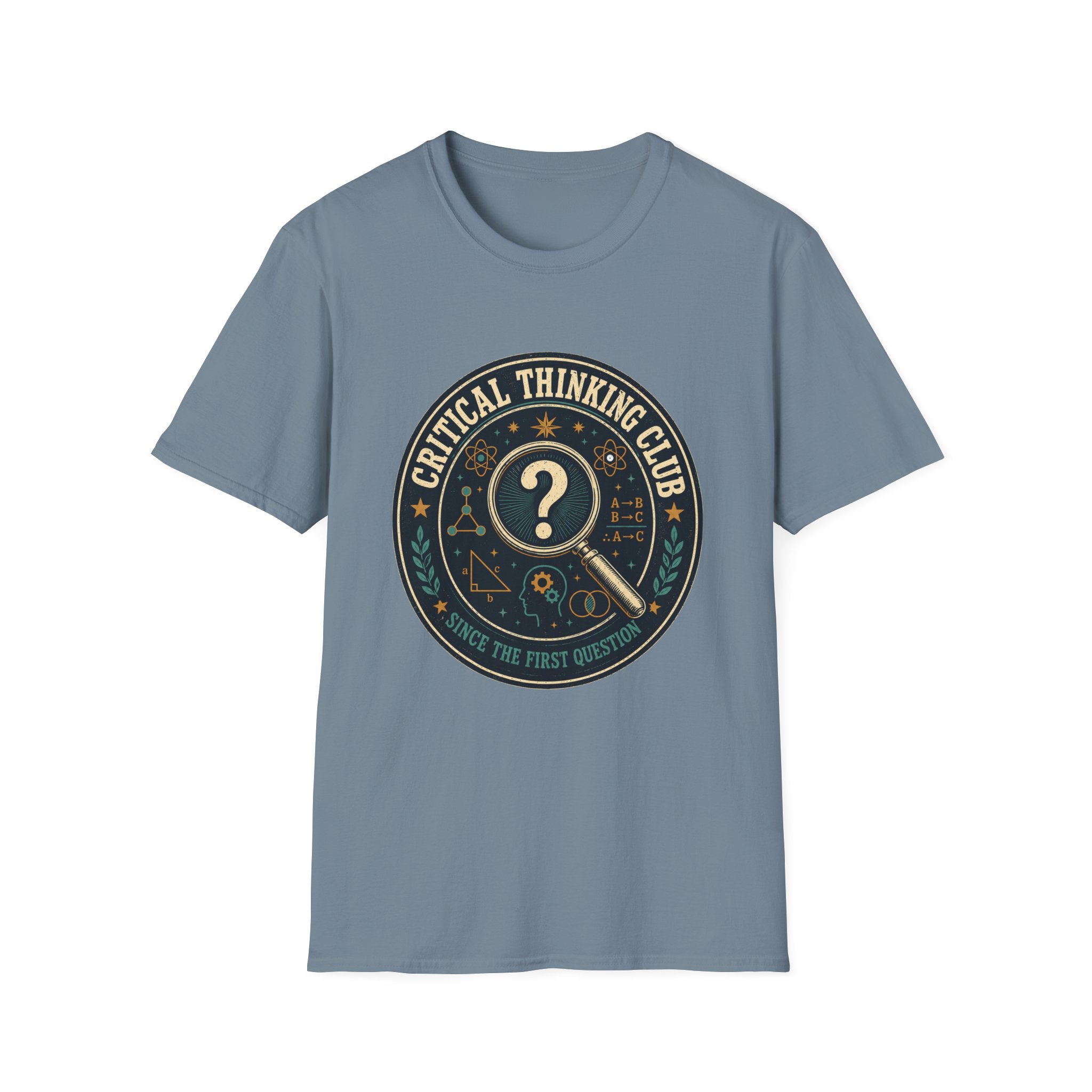 Critical Thinking Club T-Shirt – Vintage Magnifying Glass Design (Since The First Question)