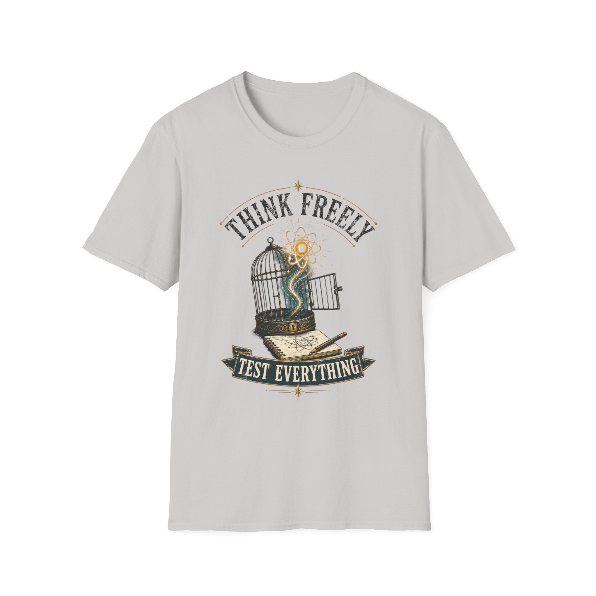Think Freely T-Shirt — 'Test Everything' Inspirational Cage & Book Graphic Tee
