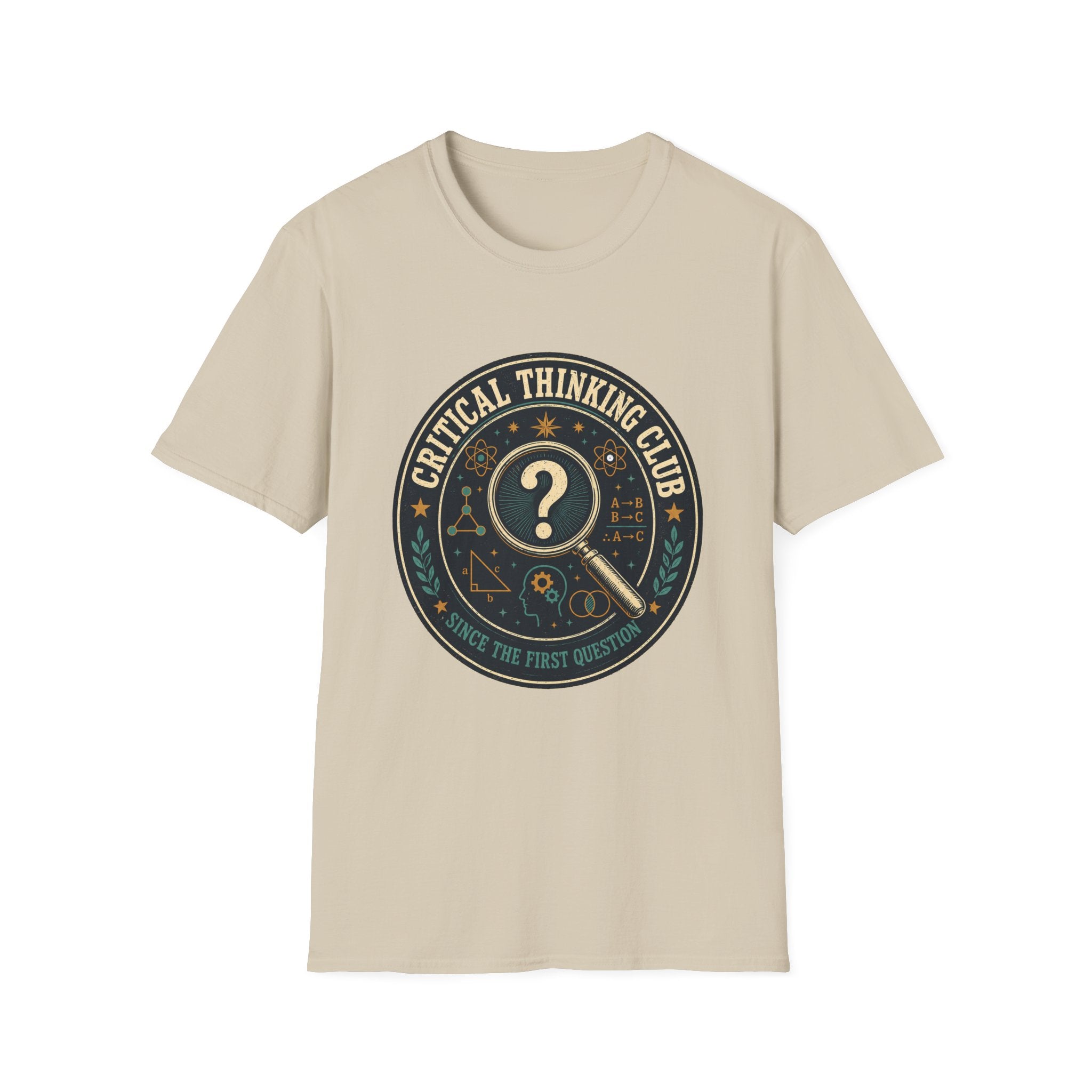 Critical Thinking Club T-Shirt – Vintage Magnifying Glass Design (Since The First Question)