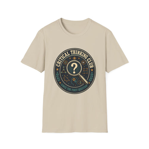 Critical Thinking Club T-Shirt – Vintage Magnifying Glass Design (Since The First Question)