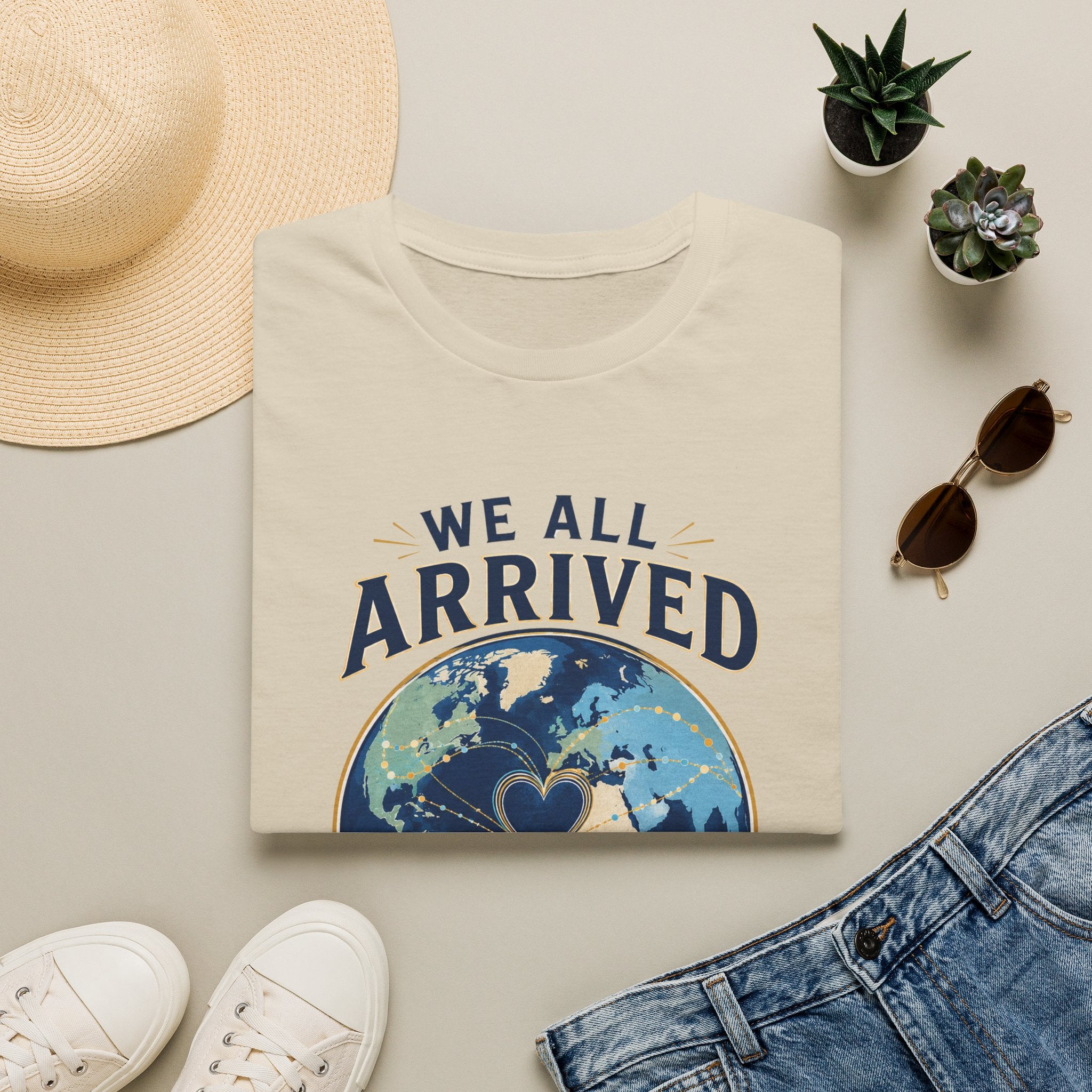 T-Shirt — "We All Arrived From Somewhere" Earth Graphic Tee (Travel & Unity)