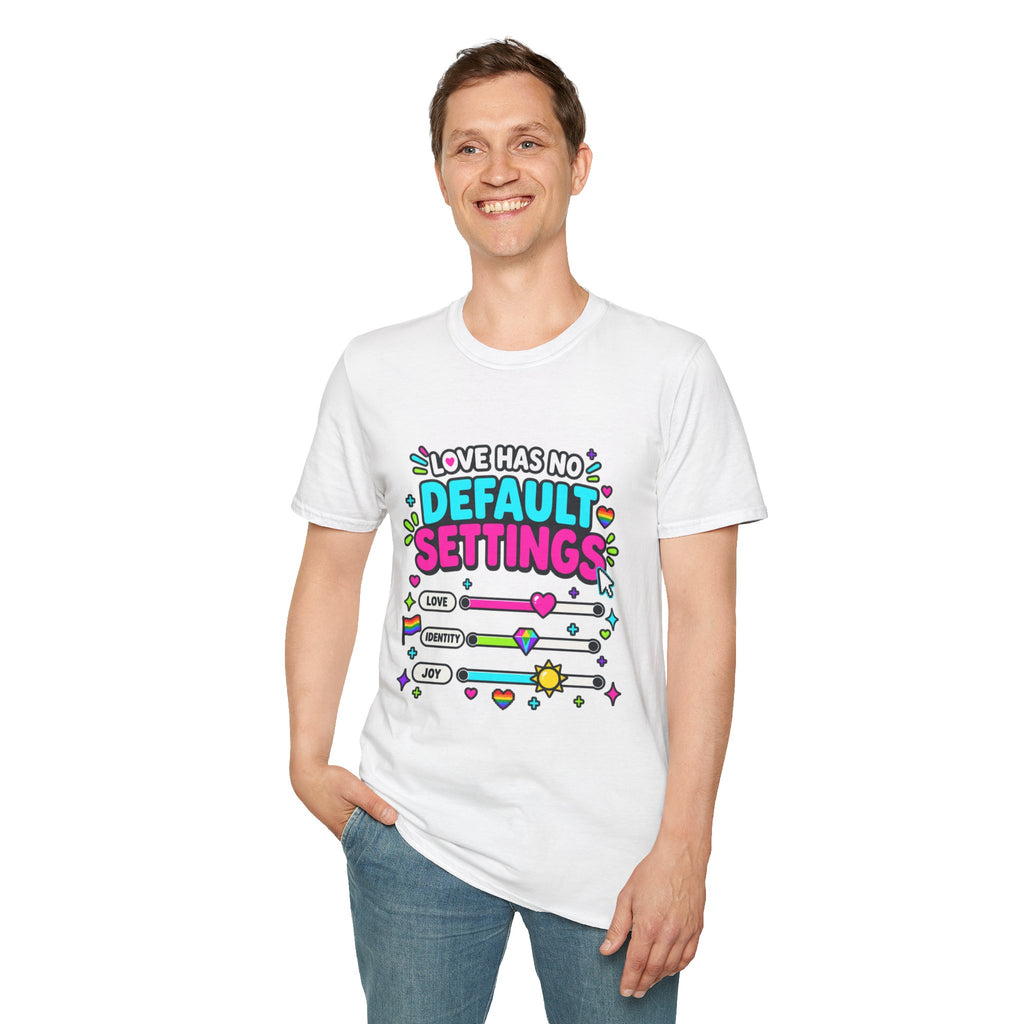 "Love Has No Default Settings" Bright LGBTQ+ Pride Graphic Tee