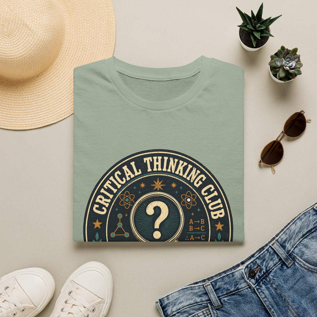Critical Thinking Club T-Shirt – Vintage Magnifying Glass Design (Since The First Question)