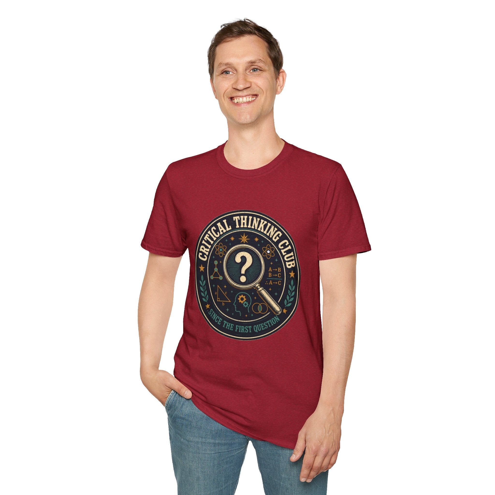 Critical Thinking Club T-Shirt – Vintage Magnifying Glass Design (Since The First Question)