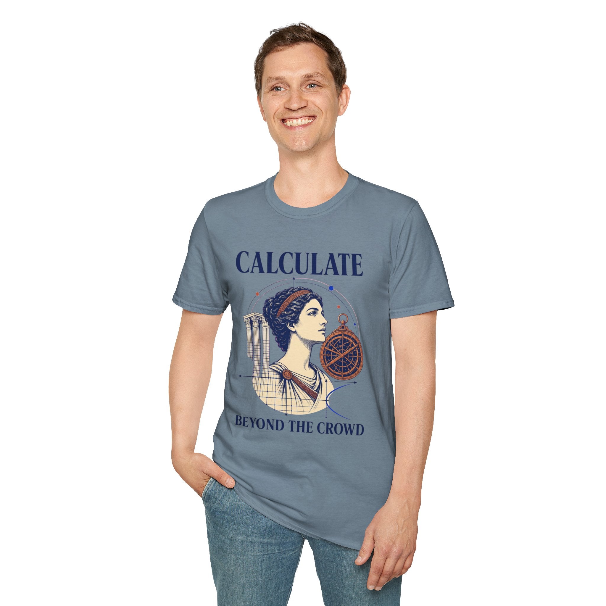 Calculate T-Shirt — Vintage Athena Compass Graphic Tee ("Calculate" & "Beyond the Crowd")