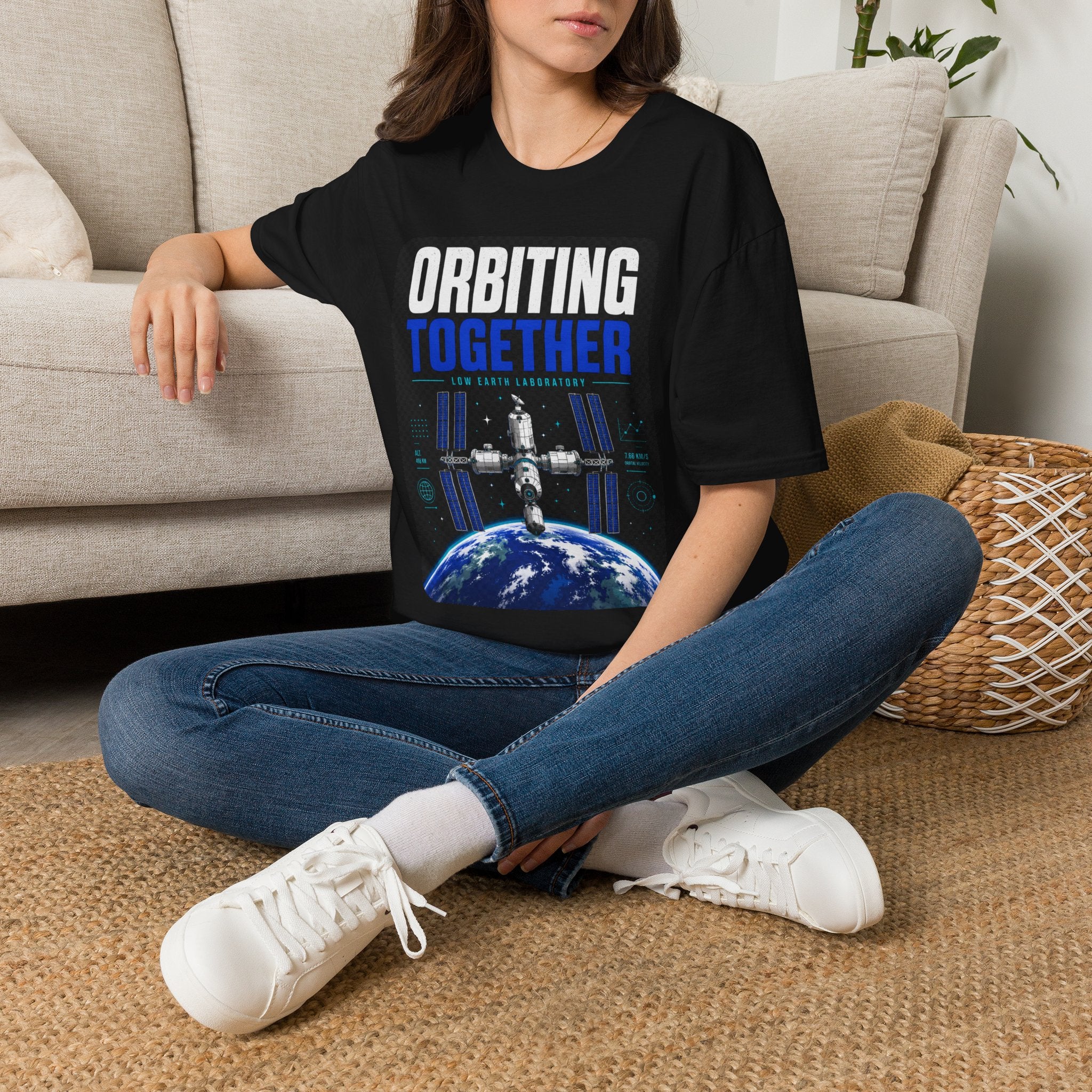 Orbiting Together T‑Shirt — Space Station Earth Graphic Tee