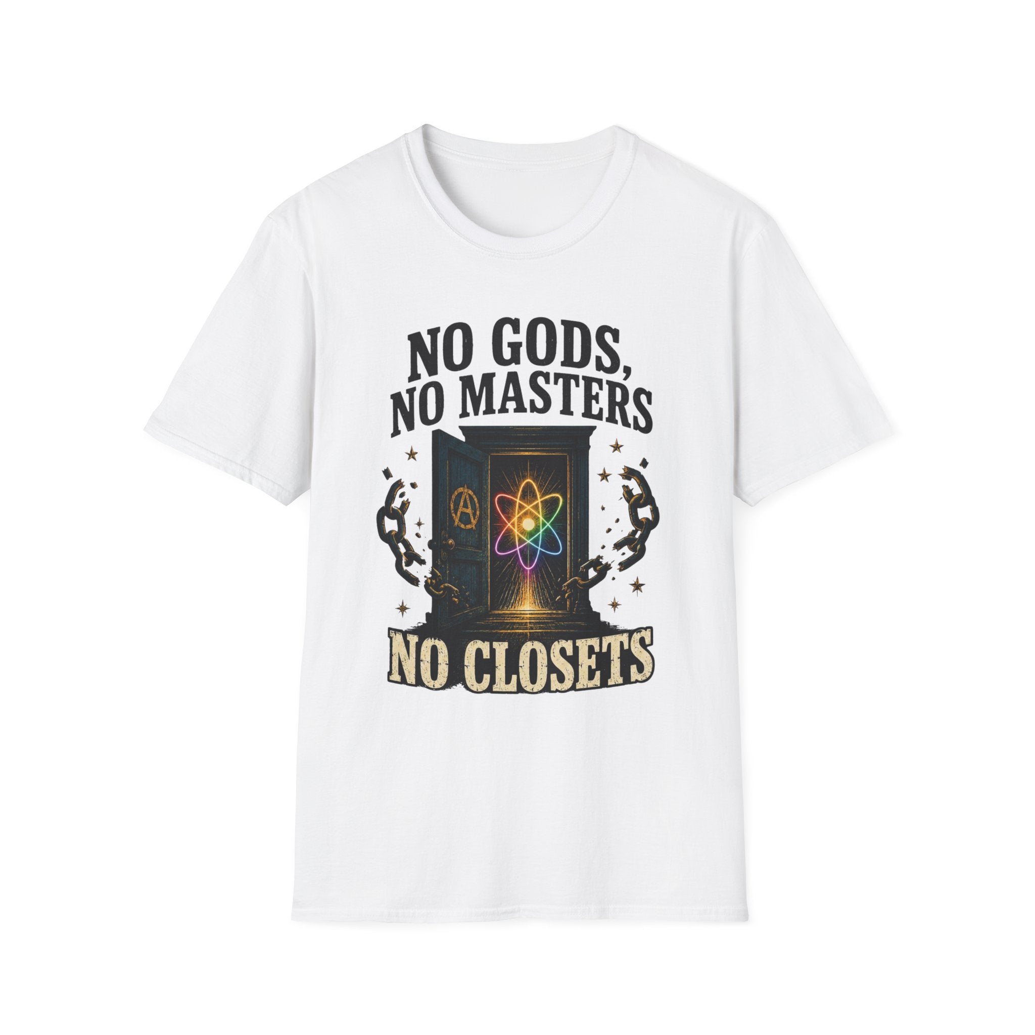 "No Gods, No Masters, No Closets" Atheist & LGBTQ+ Pride Graphic Tee