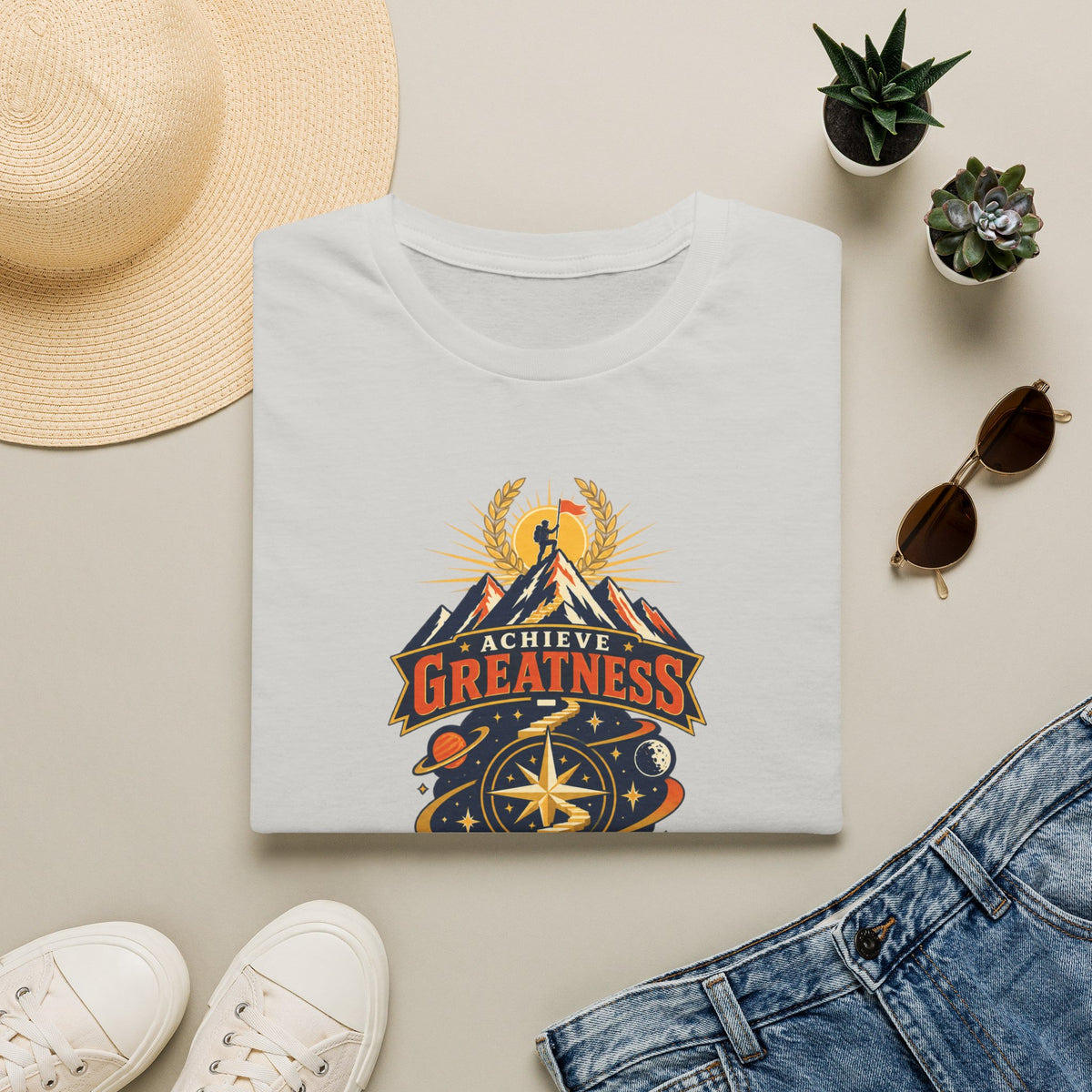 Achieve Greatness Graphic T-Shirt — Inspirational Mountain Adventure Design