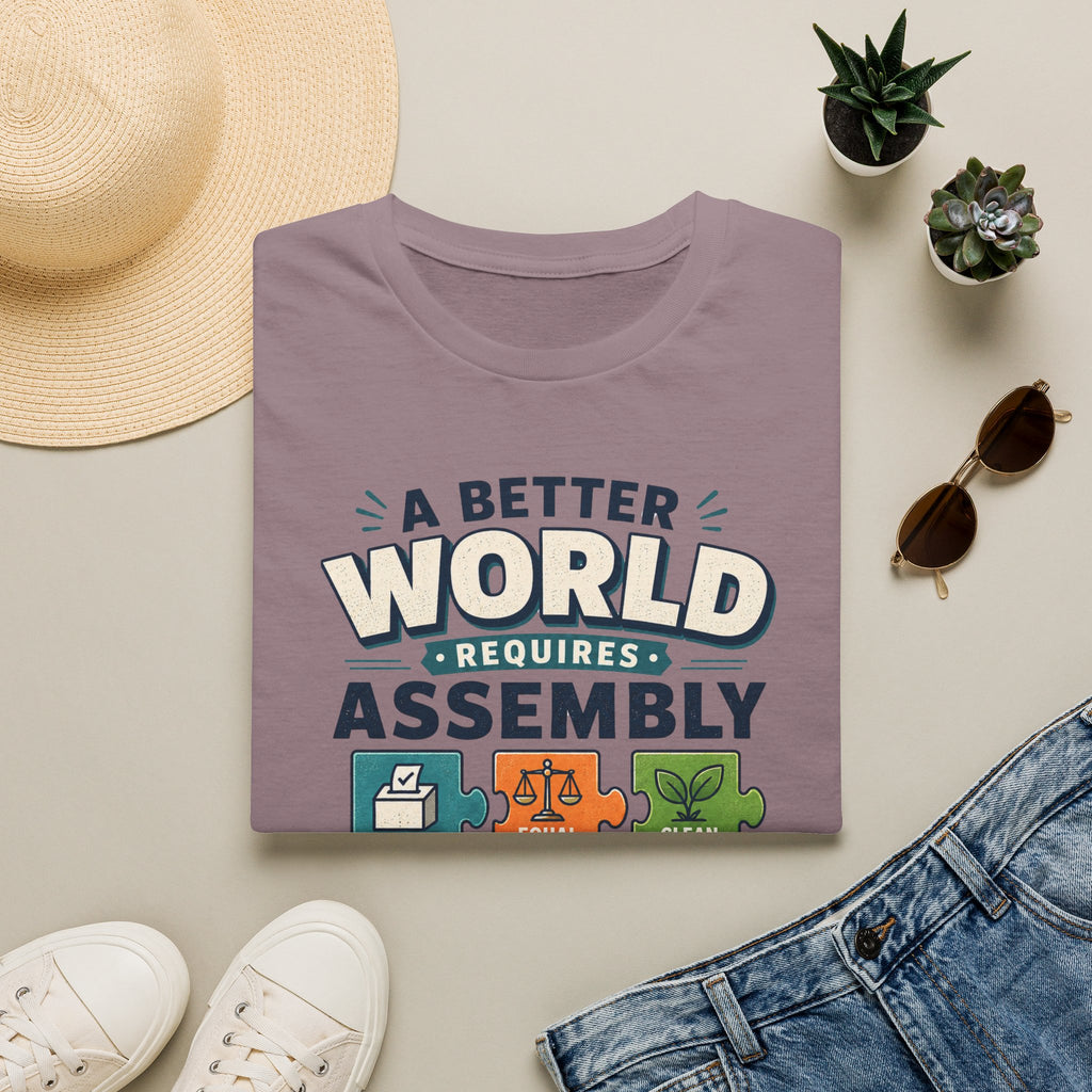 A Better World Requires Assembly T-Shirt — Sustainability, Voting & Community Graphic Tee