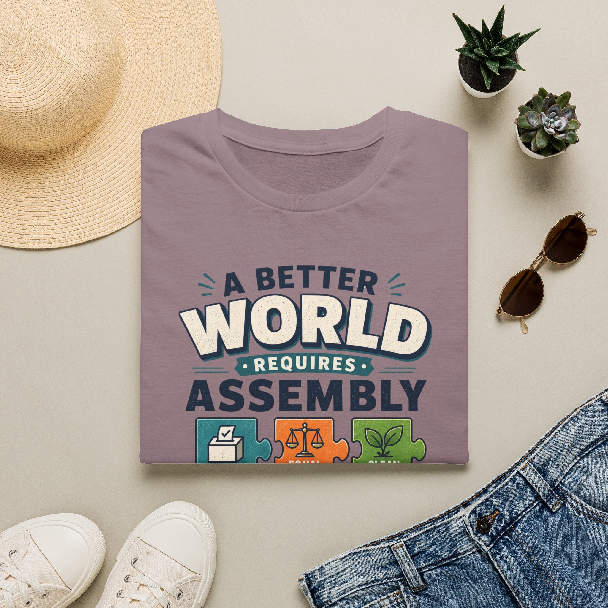 A Better World Requires Assembly T-Shirt — Sustainability, Voting & Community Graphic Tee
