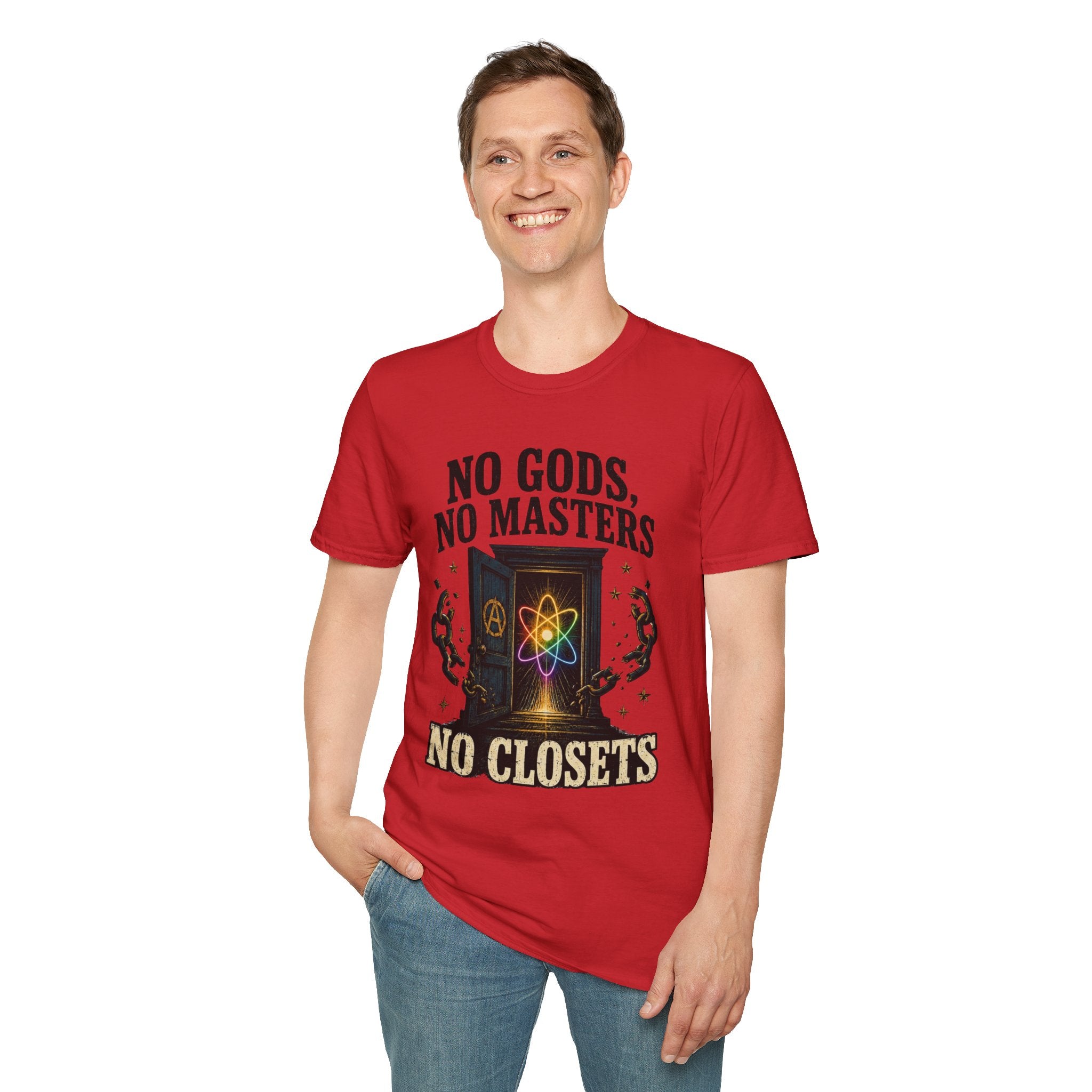 "No Gods, No Masters, No Closets" Atheist & LGBTQ+ Pride Graphic Tee
