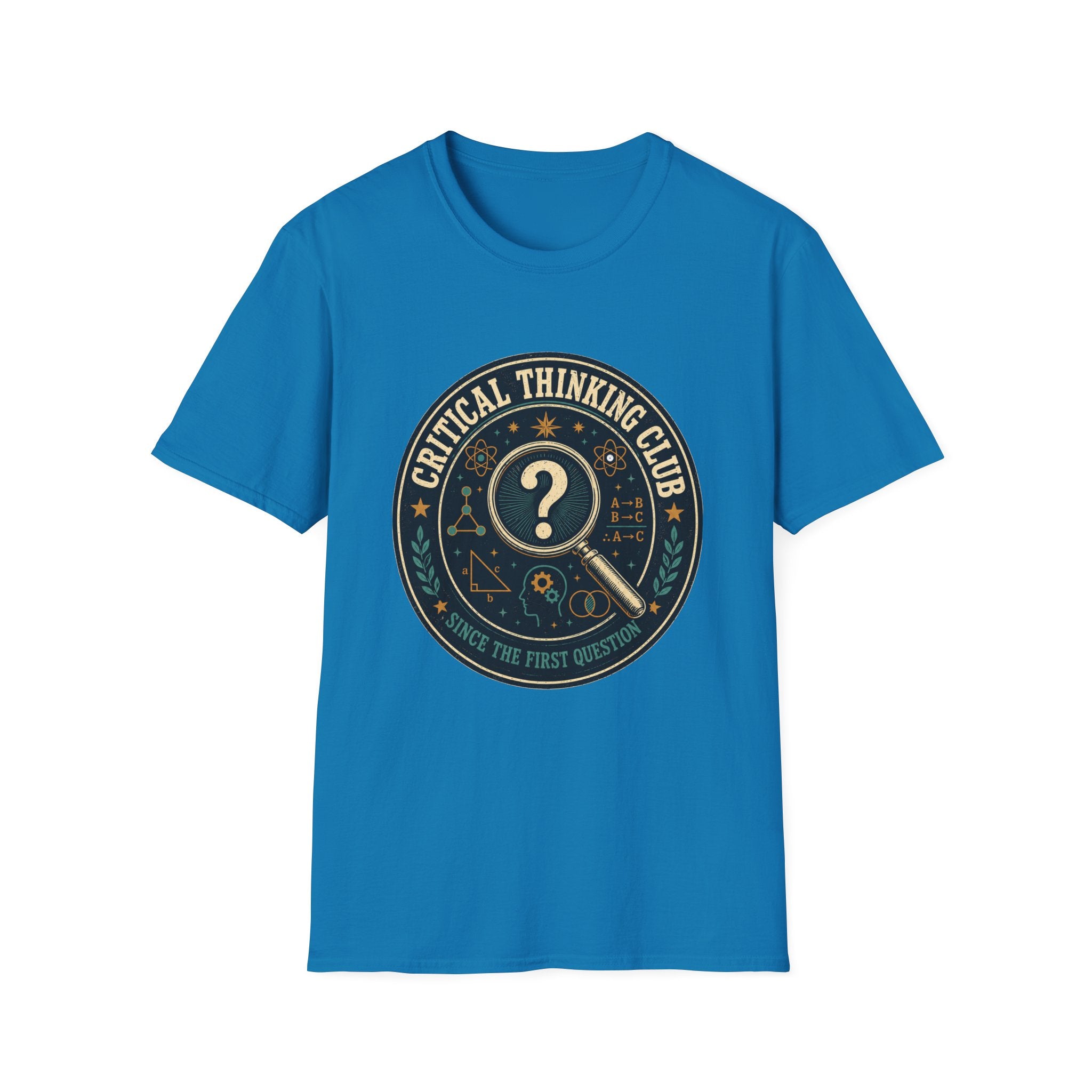Critical Thinking Club T-Shirt – Vintage Magnifying Glass Design (Since The First Question)