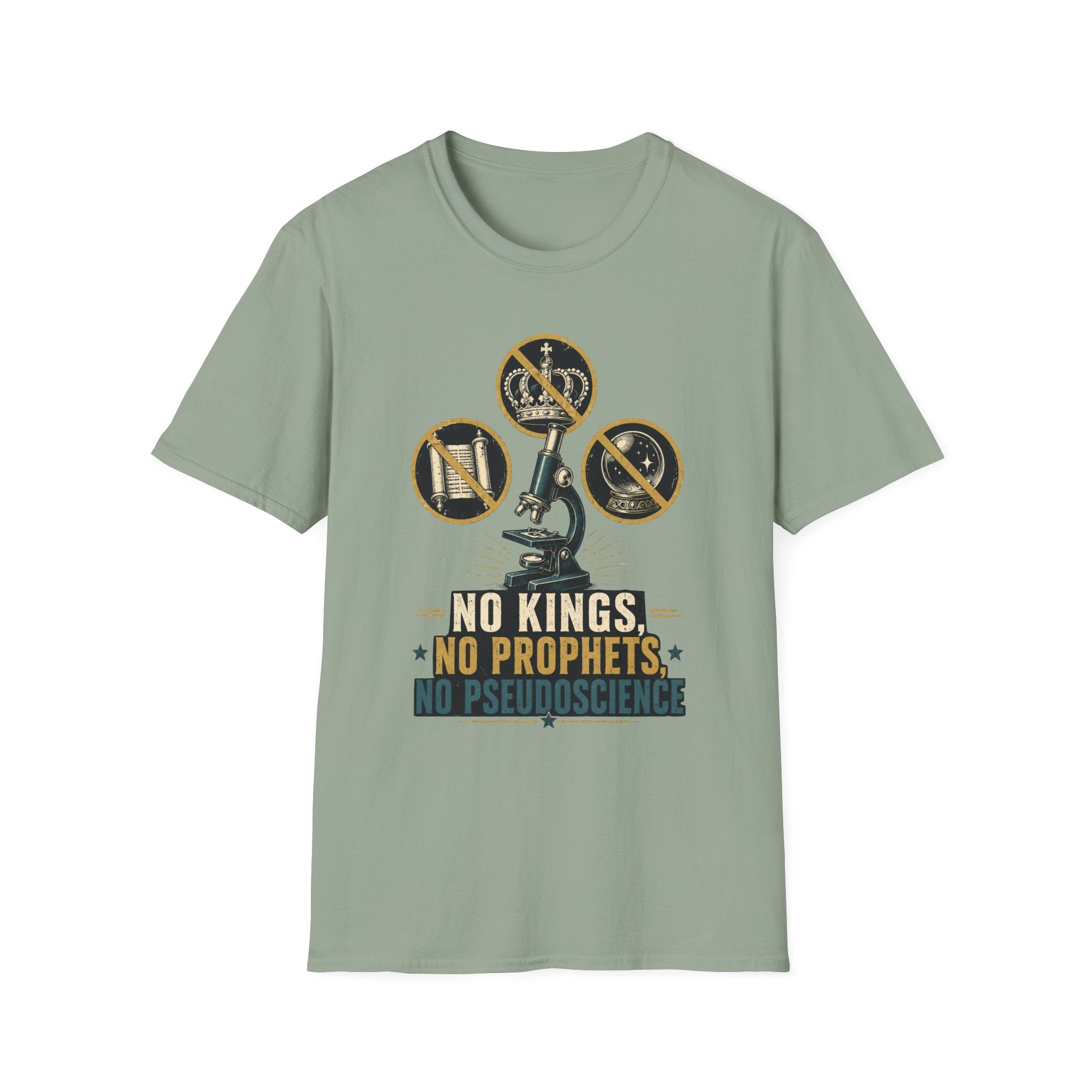 T-Shirt — 'No Kings, No Prophets, No Pseudoscience' Microscope Design