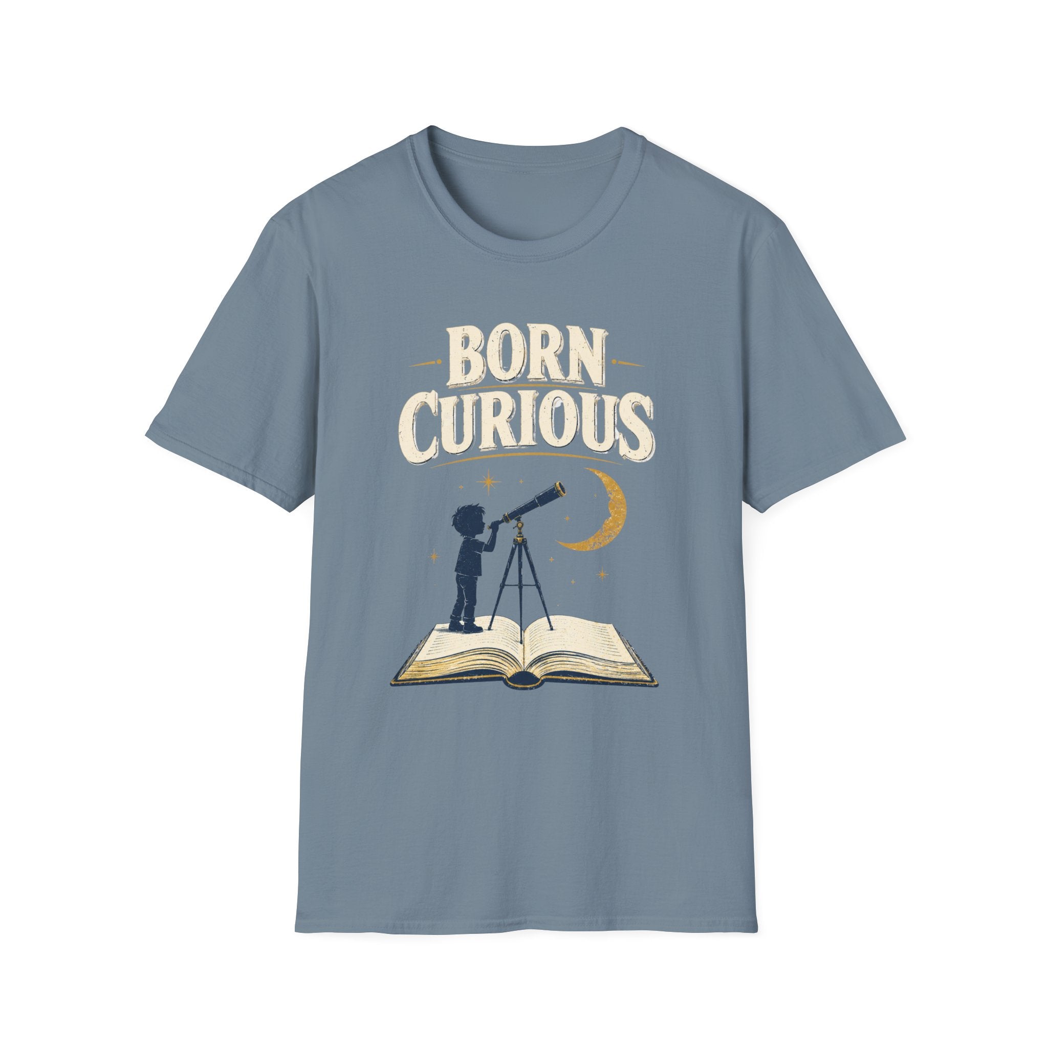 Born Curious T‑Shirt — Telescope Astronomy Graphic Tee for Curious Kids & Adults