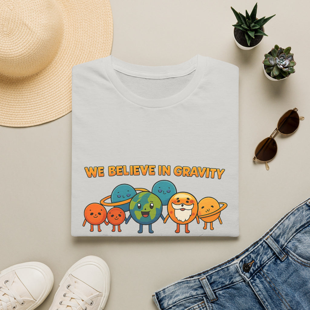 Cute Planetary Cartoon "We Believe in Gravity" Tee