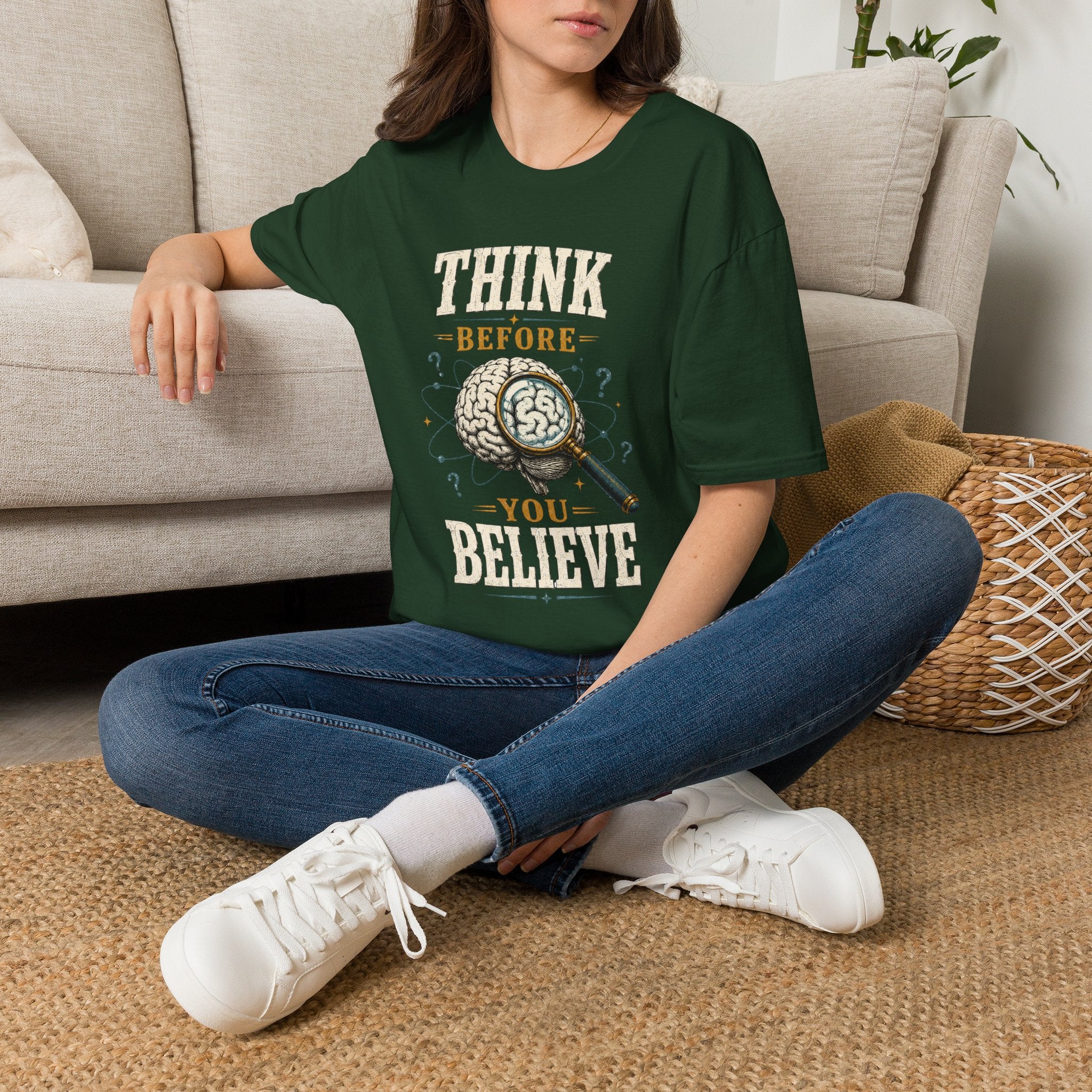 Think Before You Believe T-Shirt — Vintage Brain Graphic Tee