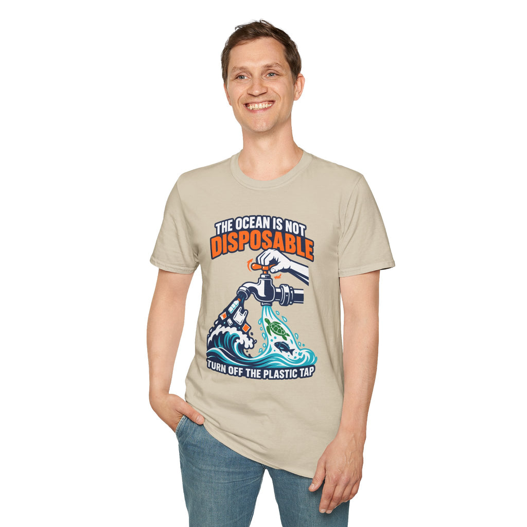 Ocean Conservation T-Shirt — "The Ocean Is Not Disposable" Plastic Tap Graphic