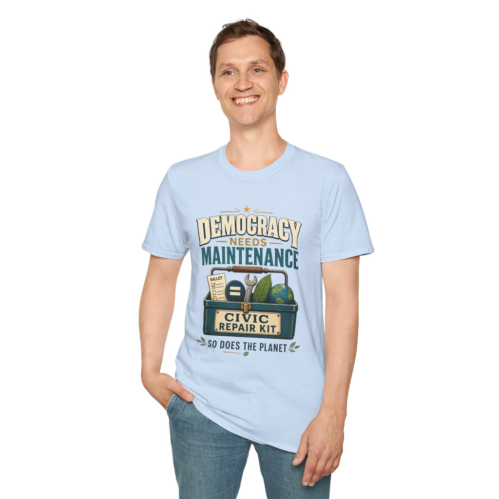 Democracy Needs Maintenance T-Shirt — Civic Repair Kit Tee