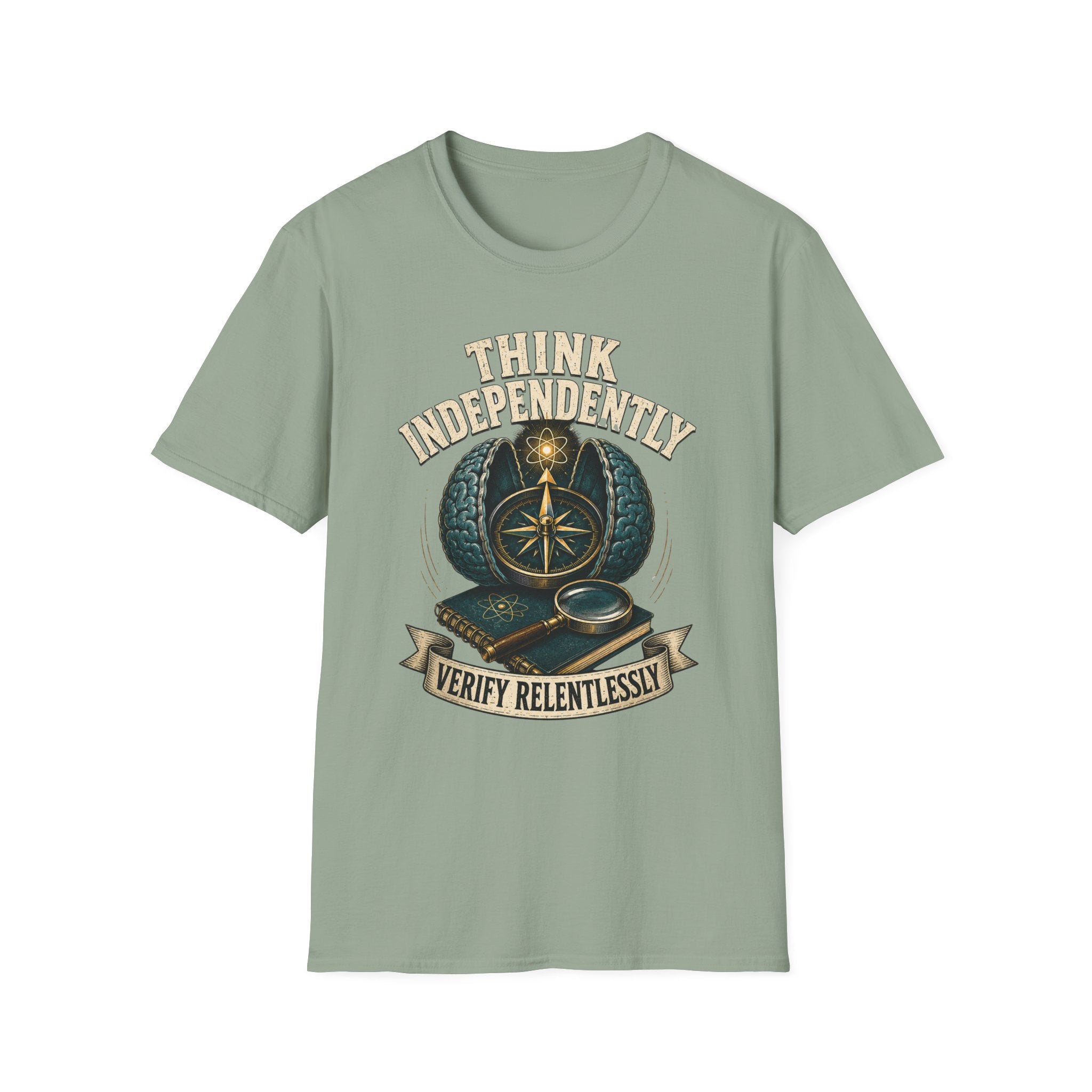 Think Independently T-Shirt — 'Verify Relentlessly' Compass Graphic