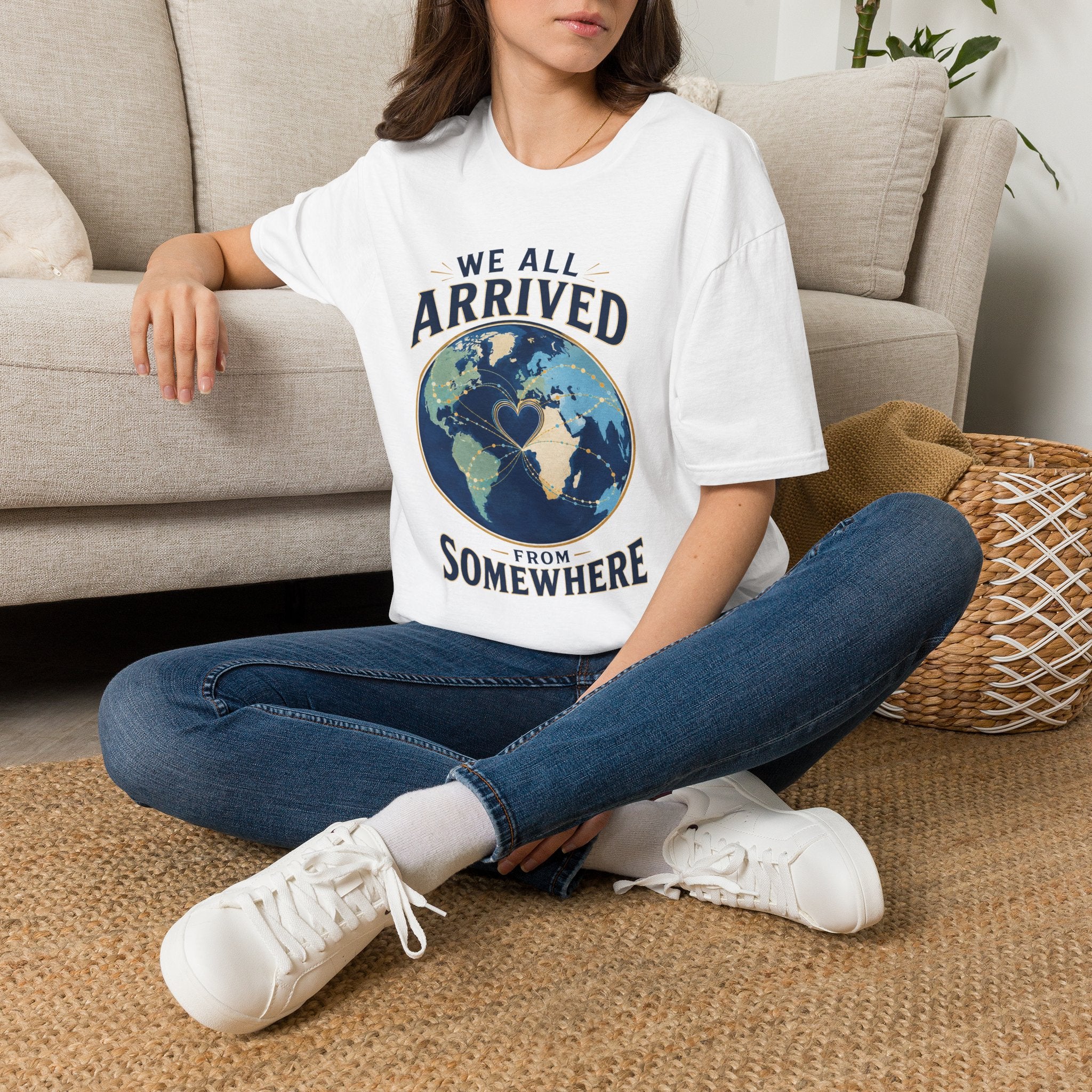 T-Shirt — "We All Arrived From Somewhere" Earth Graphic Tee (Travel & Unity)