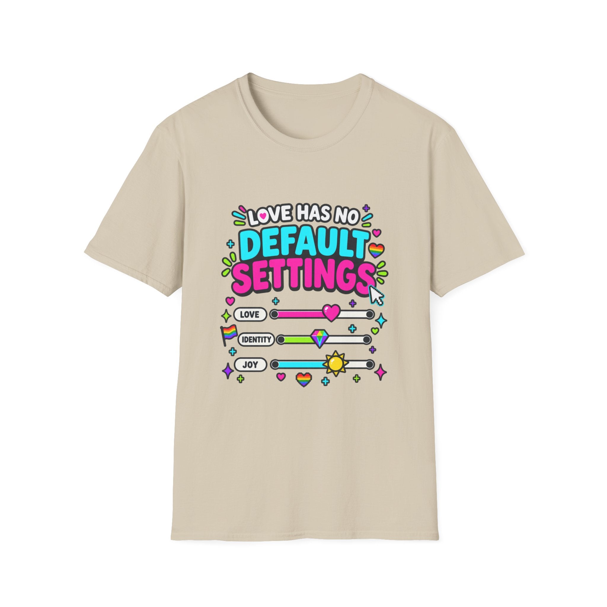 "Love Has No Default Settings" Bright LGBTQ+ Pride Graphic Tee