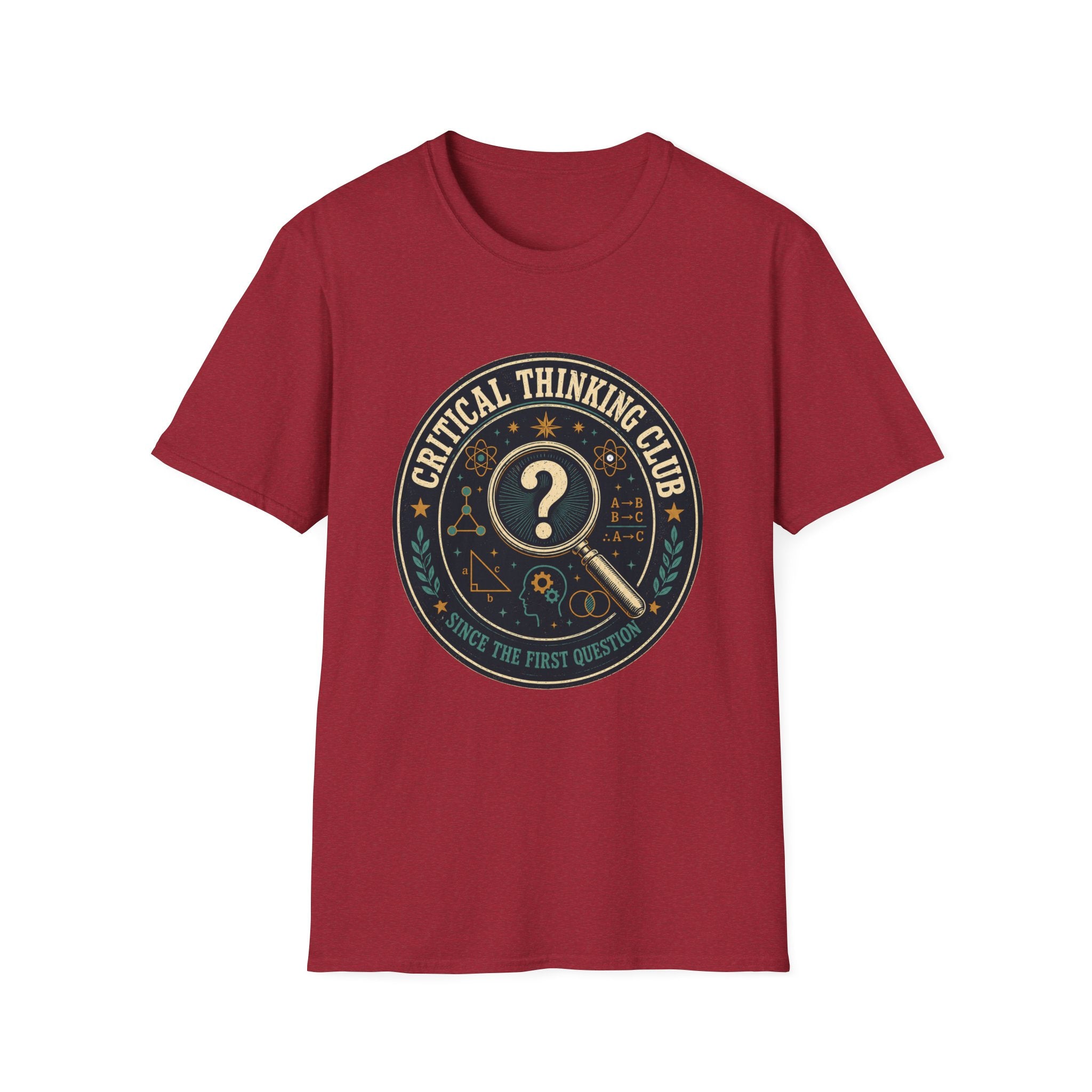 Critical Thinking Club T-Shirt – Vintage Magnifying Glass Design (Since The First Question)