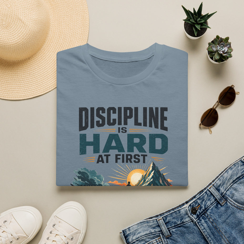 T-Shirt — "Discipline Is Hard at First" Motivational Graphic Tee