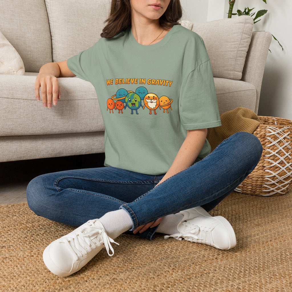 Cute Planetary Cartoon "We Believe in Gravity" Tee