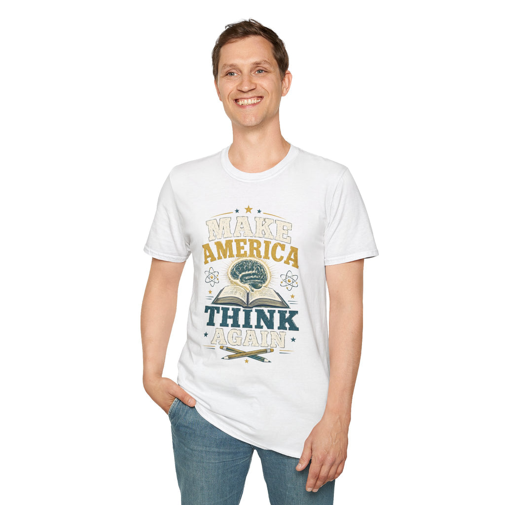 Make America Think Again T-Shirt — Retro Brain Graphic Tee
