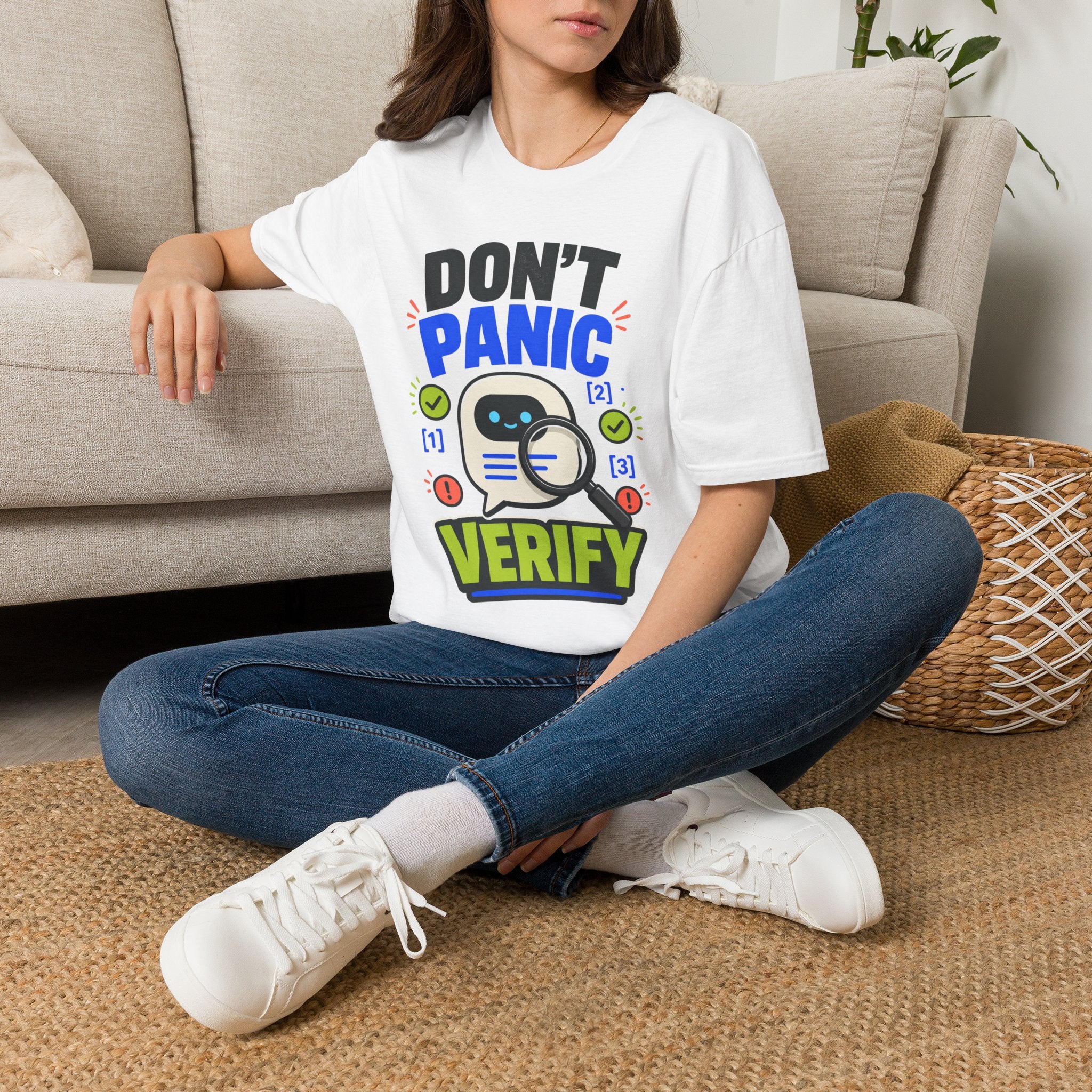 Don't Panic Verify T‑Shirt — Cute Robot Security Humor Tee for Techies