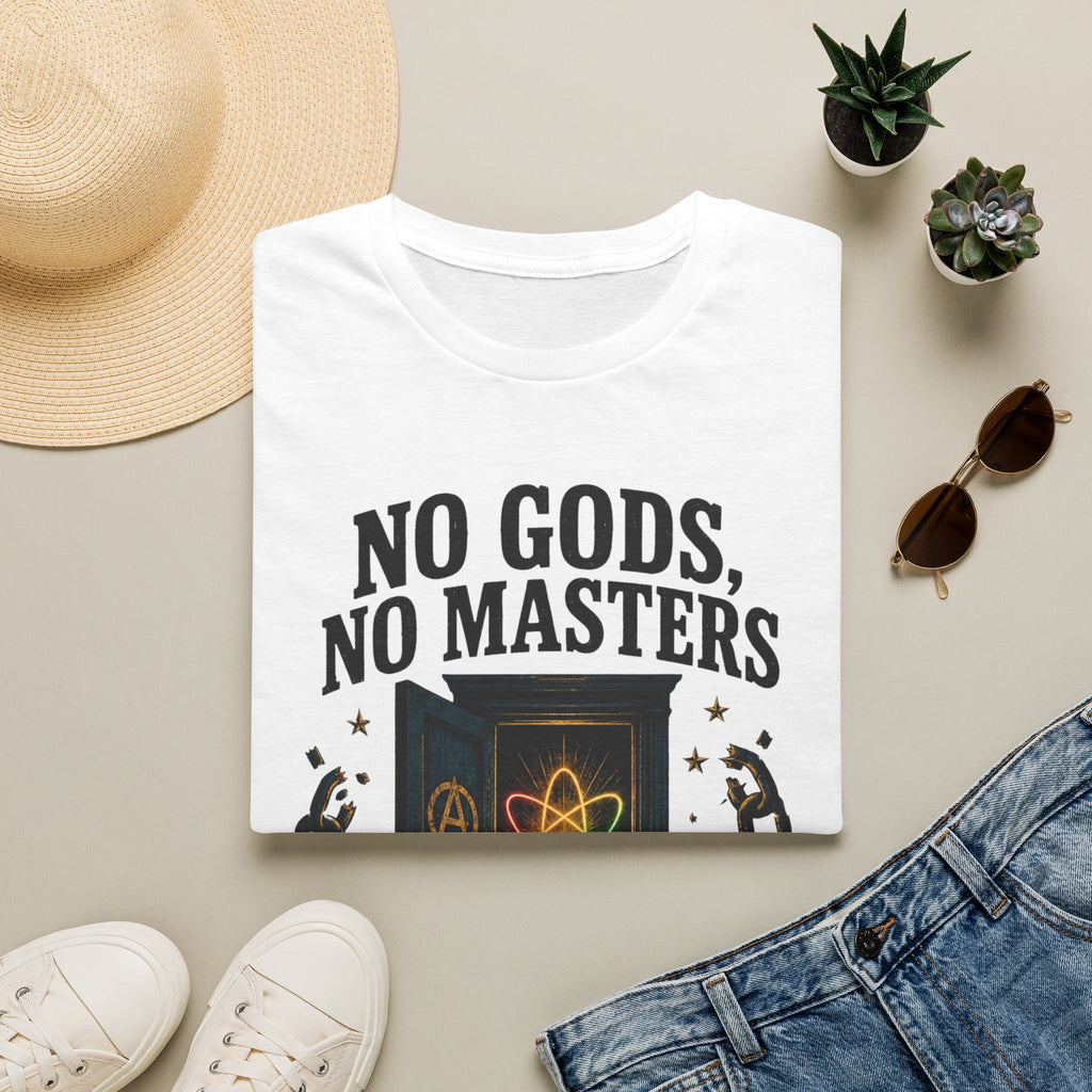 "No Gods, No Masters, No Closets" Atheist & LGBTQ+ Pride Graphic Tee