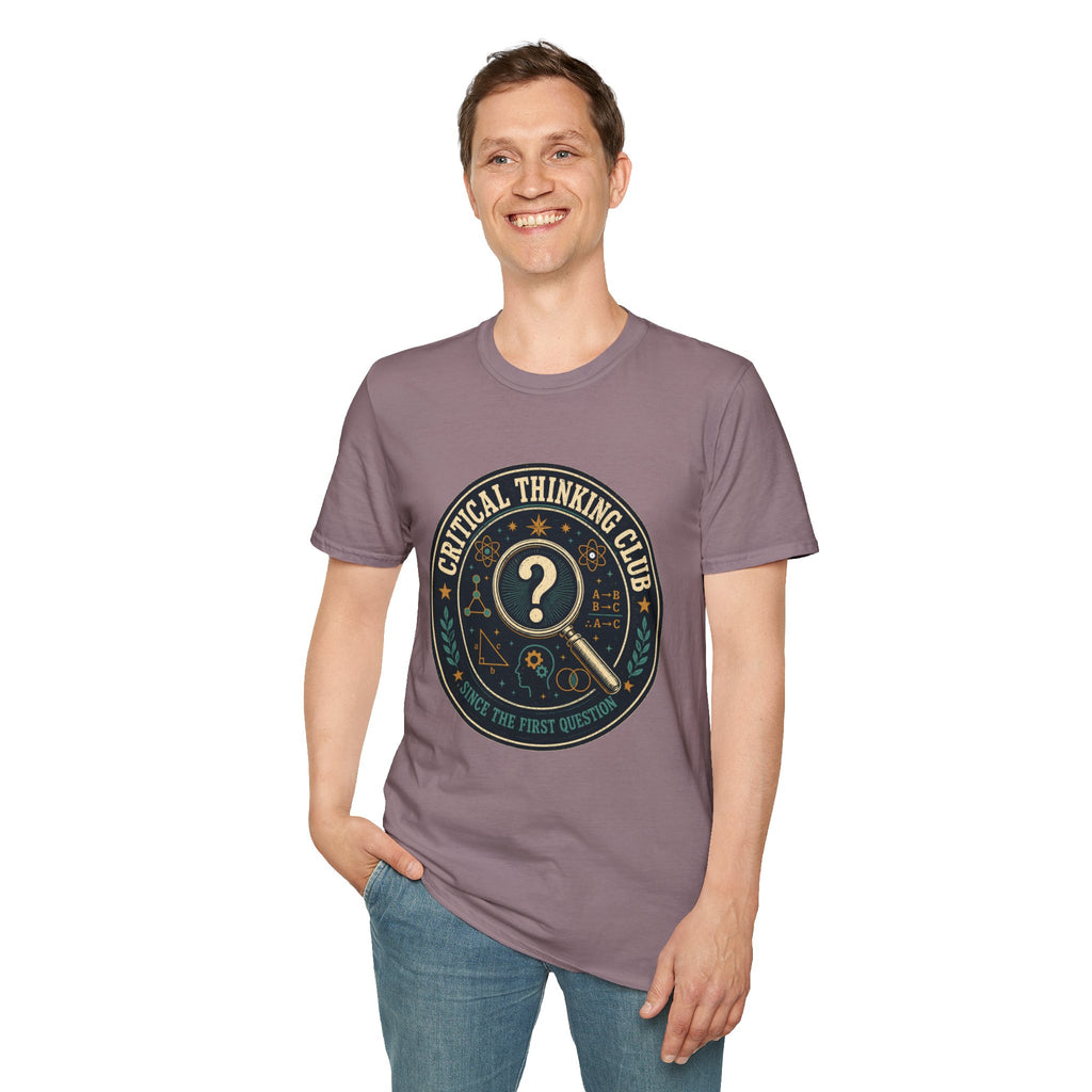 Critical Thinking Club T-Shirt – Vintage Magnifying Glass Design (Since The First Question)