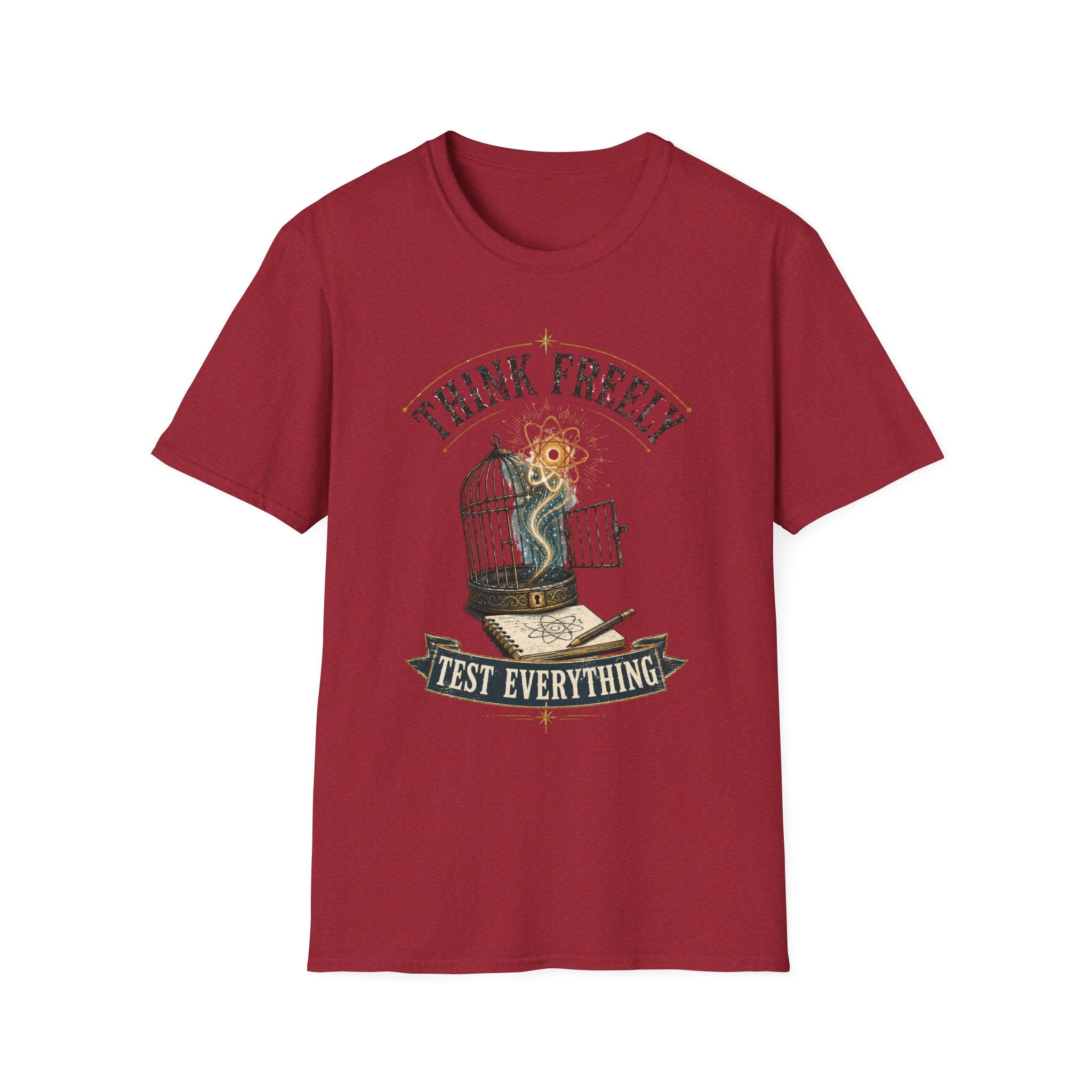 Think Freely T-Shirt — 'Test Everything' Inspirational Cage & Book Graphic Tee
