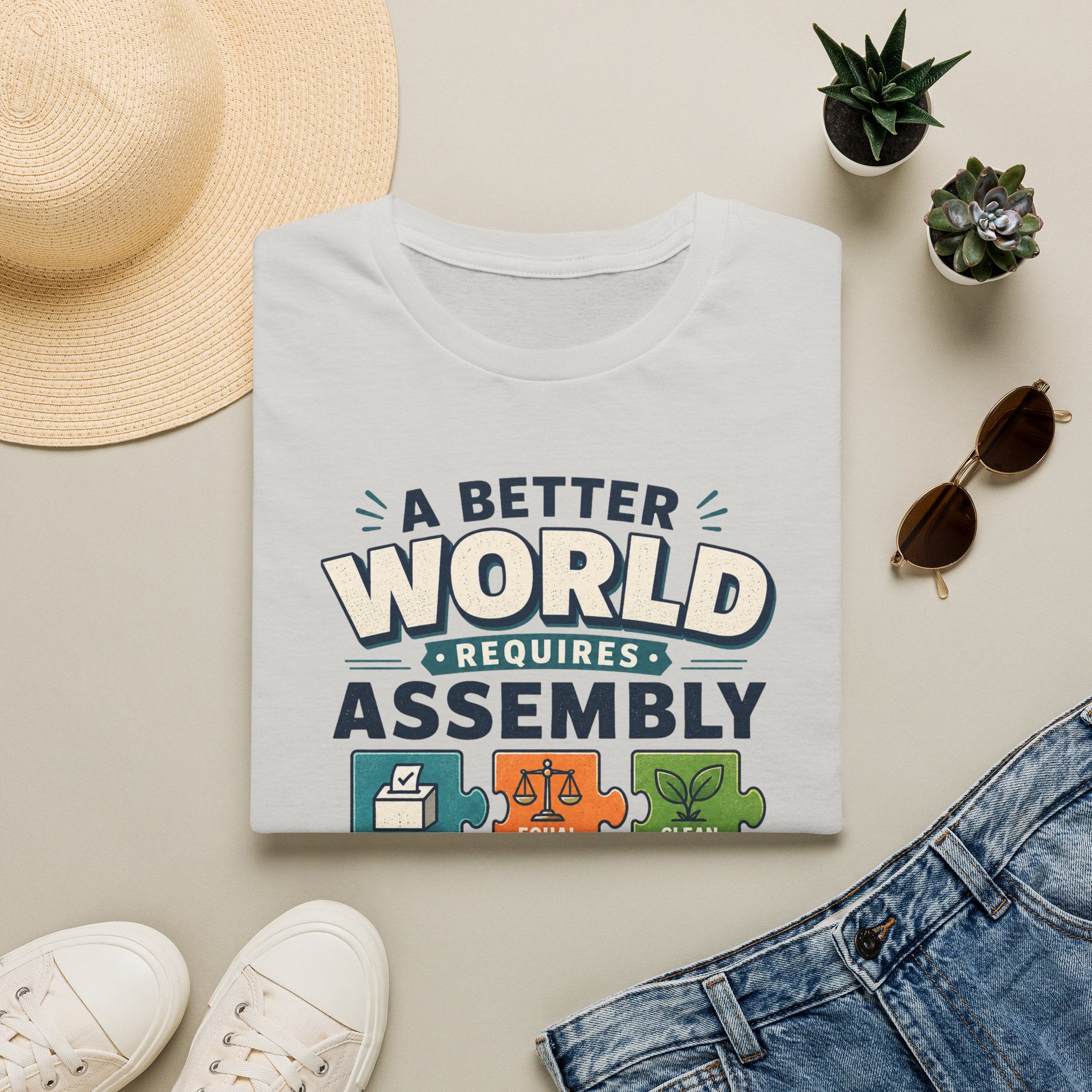 A Better World Requires Assembly T-Shirt — Sustainability, Voting & Community Graphic Tee