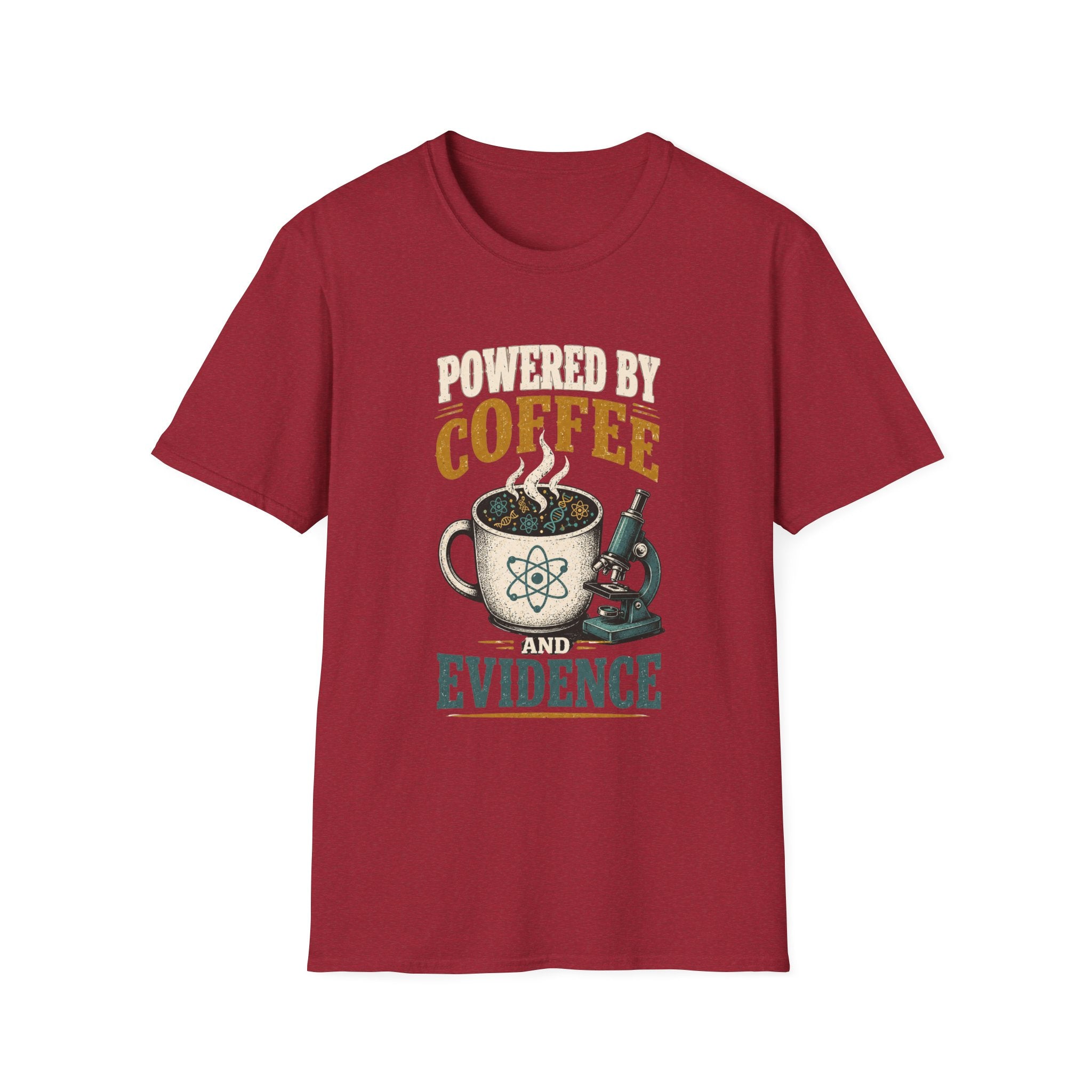 Coffee T-Shirt — "Powered by Coffee & Evidence" Retro Science Mug Design