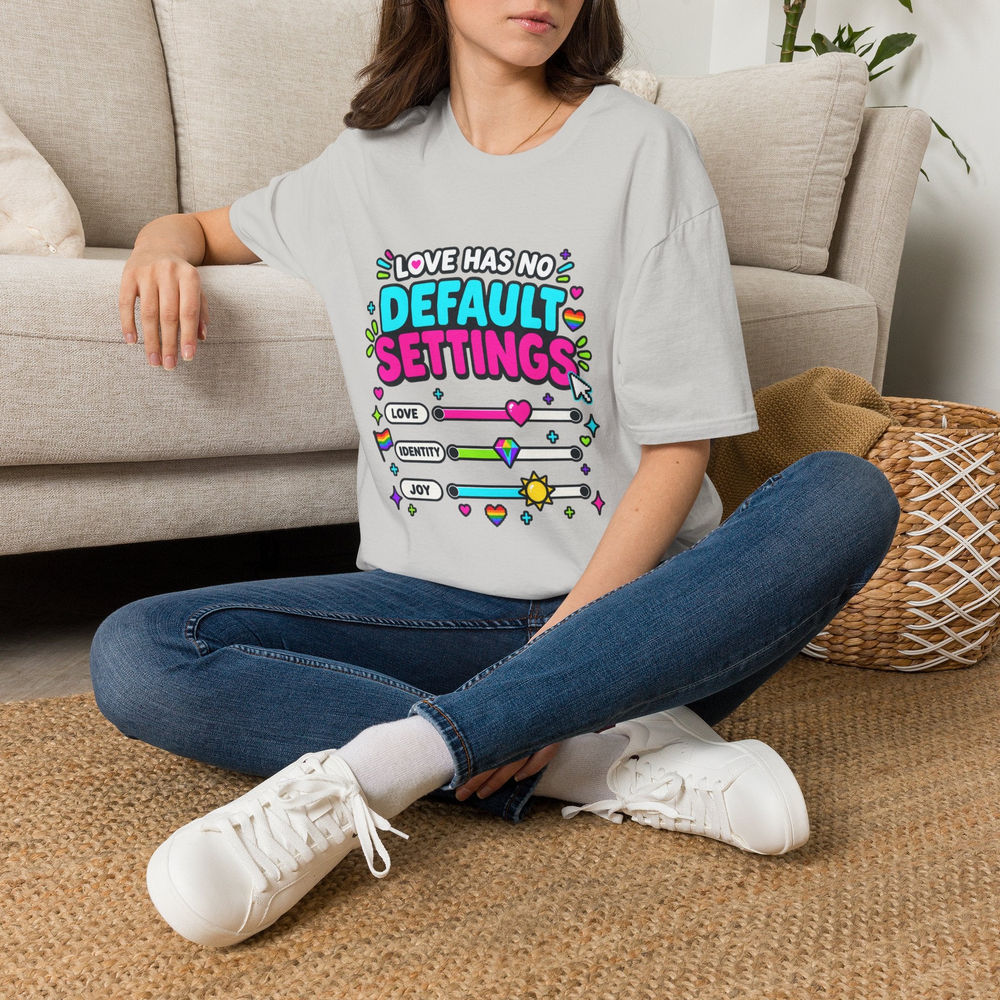 "Love Has No Default Settings" Bright LGBTQ+ Pride Graphic Tee