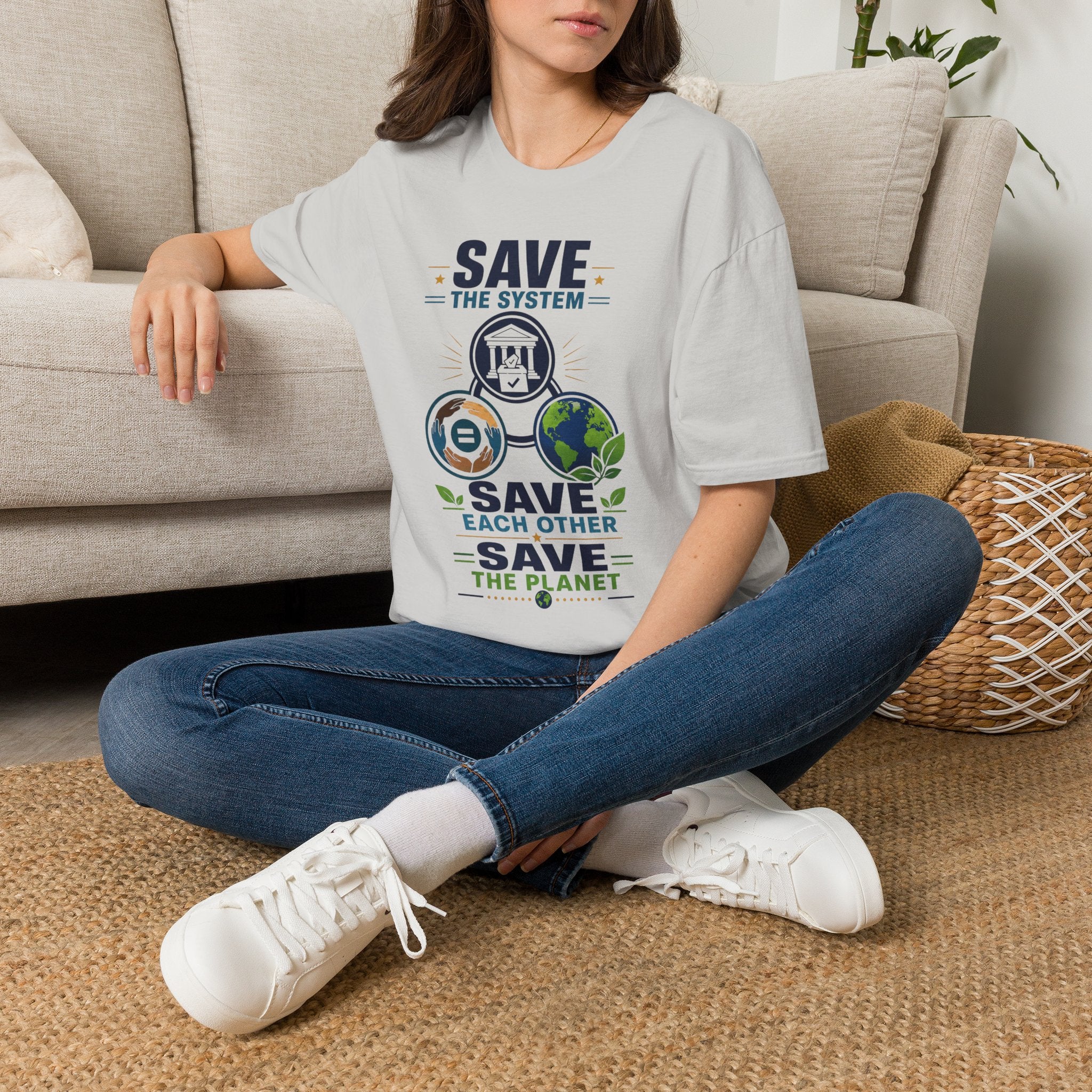 Save the System Graphic T-Shirt — Save Each Other, Save the Planet Eco Awareness Tee