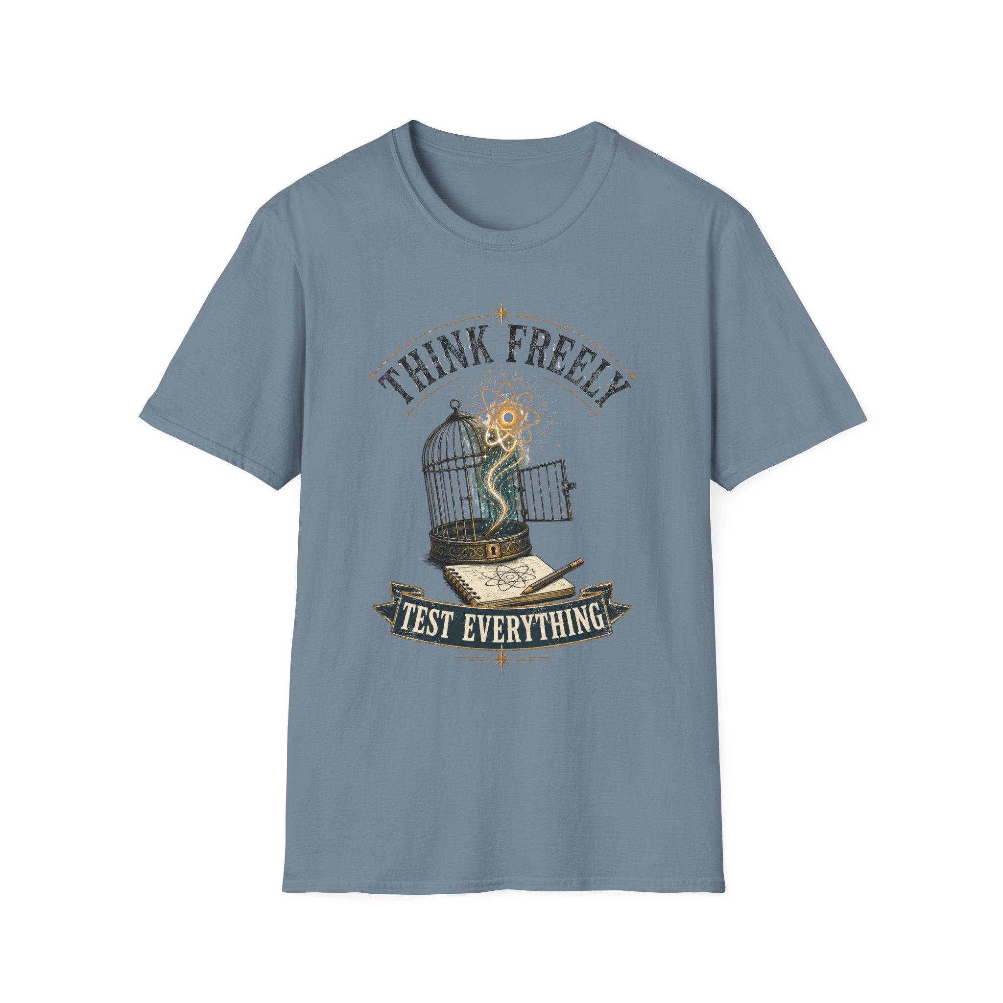 Think Freely T-Shirt — 'Test Everything' Inspirational Cage & Book Graphic Tee