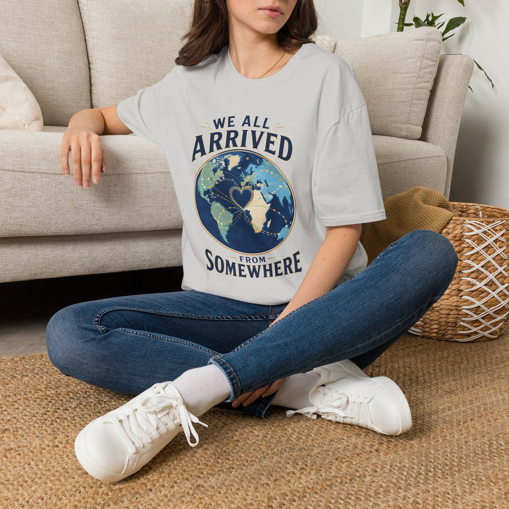 T-Shirt — "We All Arrived From Somewhere" Earth Graphic Tee (Travel & Unity)